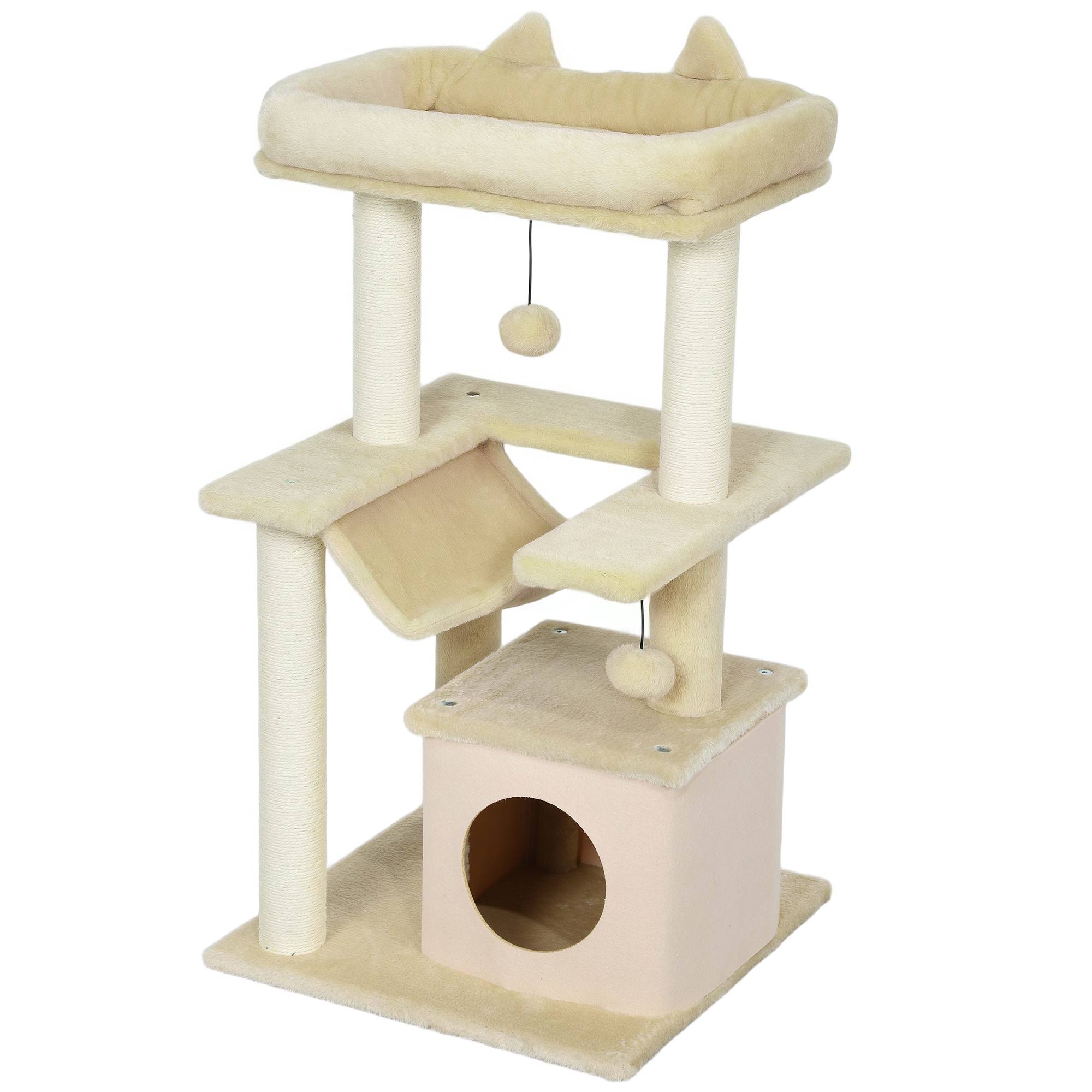 Arbre à chat bois peluche pour chatons centre activités hamac niche 90cm crème - ComfortXL Outdoor Living - Image 2