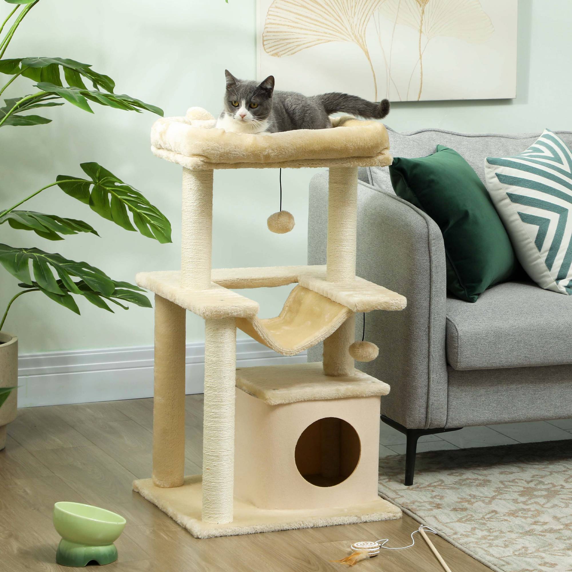 Arbre à chat bois peluche pour chatons centre activités hamac niche 90cm crème - ComfortXL Outdoor Living - Image 3