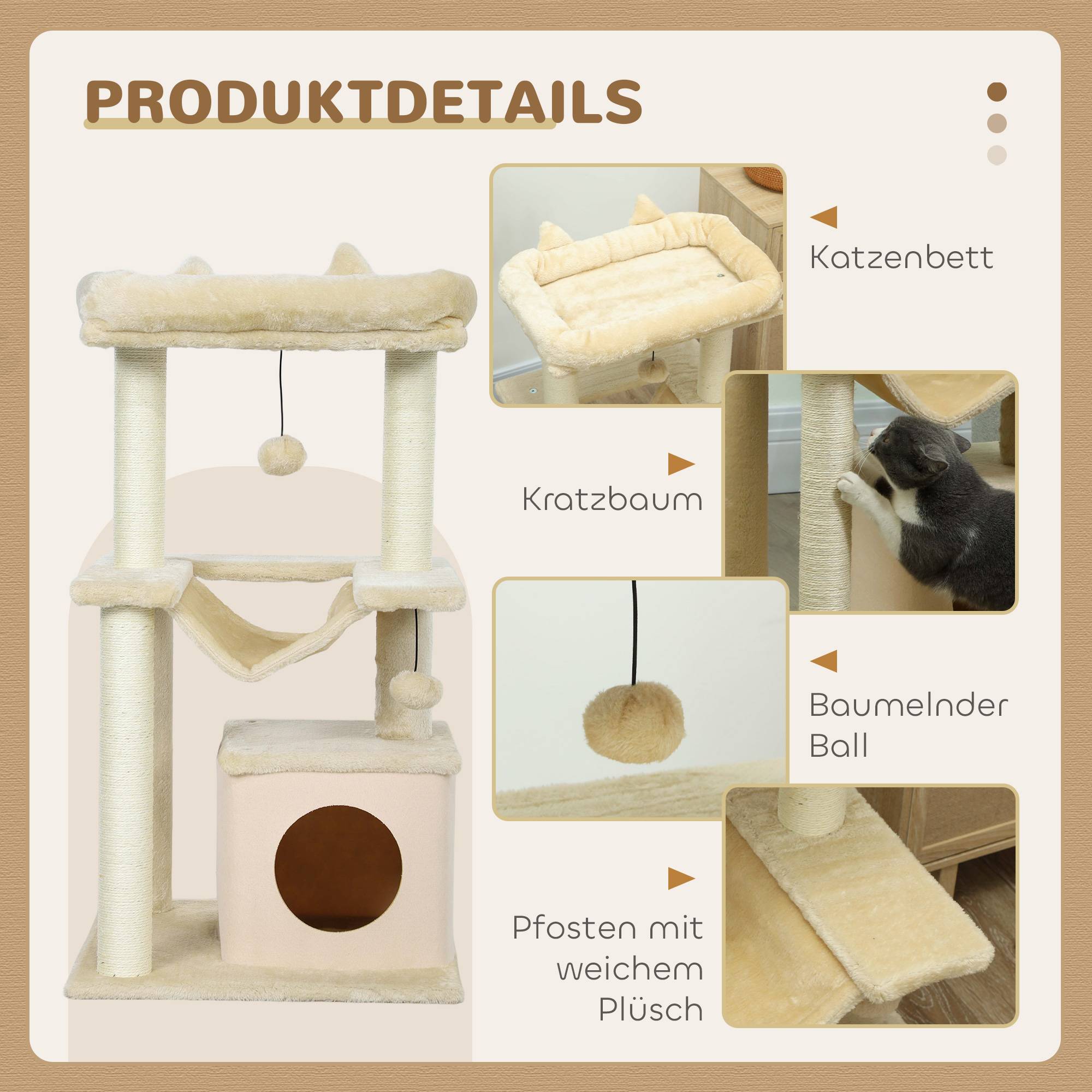 Arbre à chat bois peluche pour chatons centre activités hamac niche 90cm crème - ComfortXL Outdoor Living - Image 9
