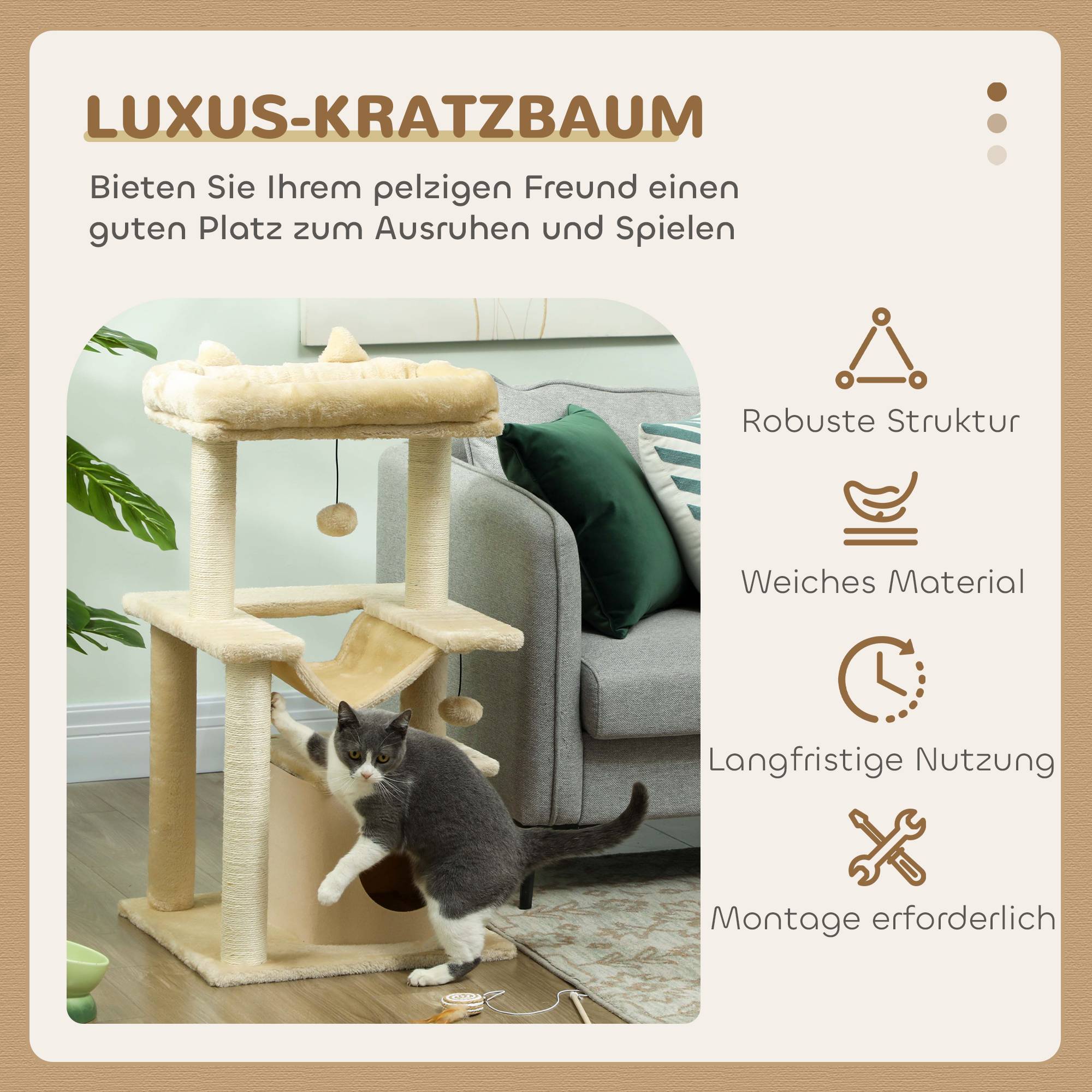 Arbre à chat bois peluche pour chatons centre activités hamac niche 90cm crème - ComfortXL Outdoor Living - Image 6
