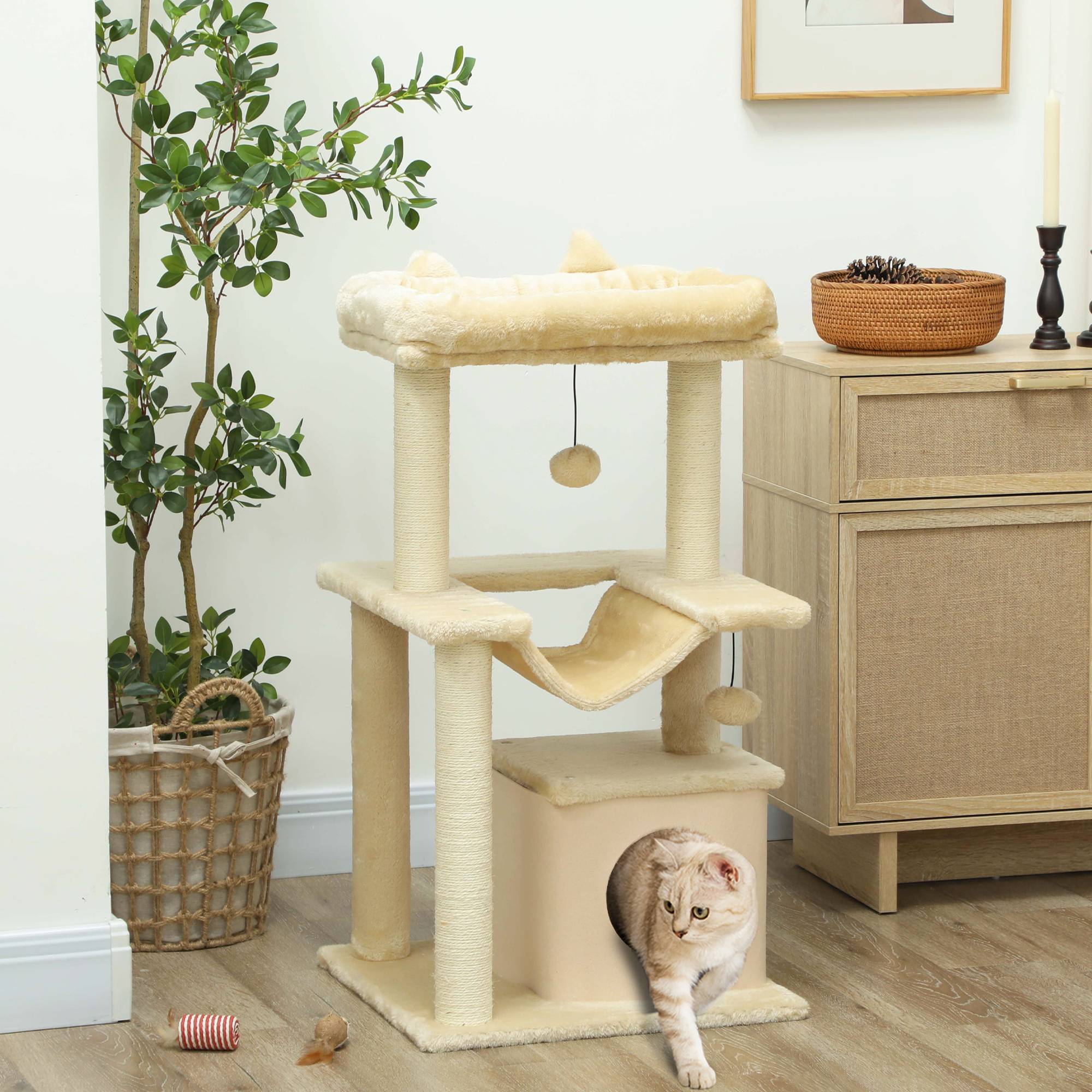Arbre à chat bois peluche pour chatons centre activités hamac niche 90cm crème - ComfortXL Outdoor Living - Image 4
