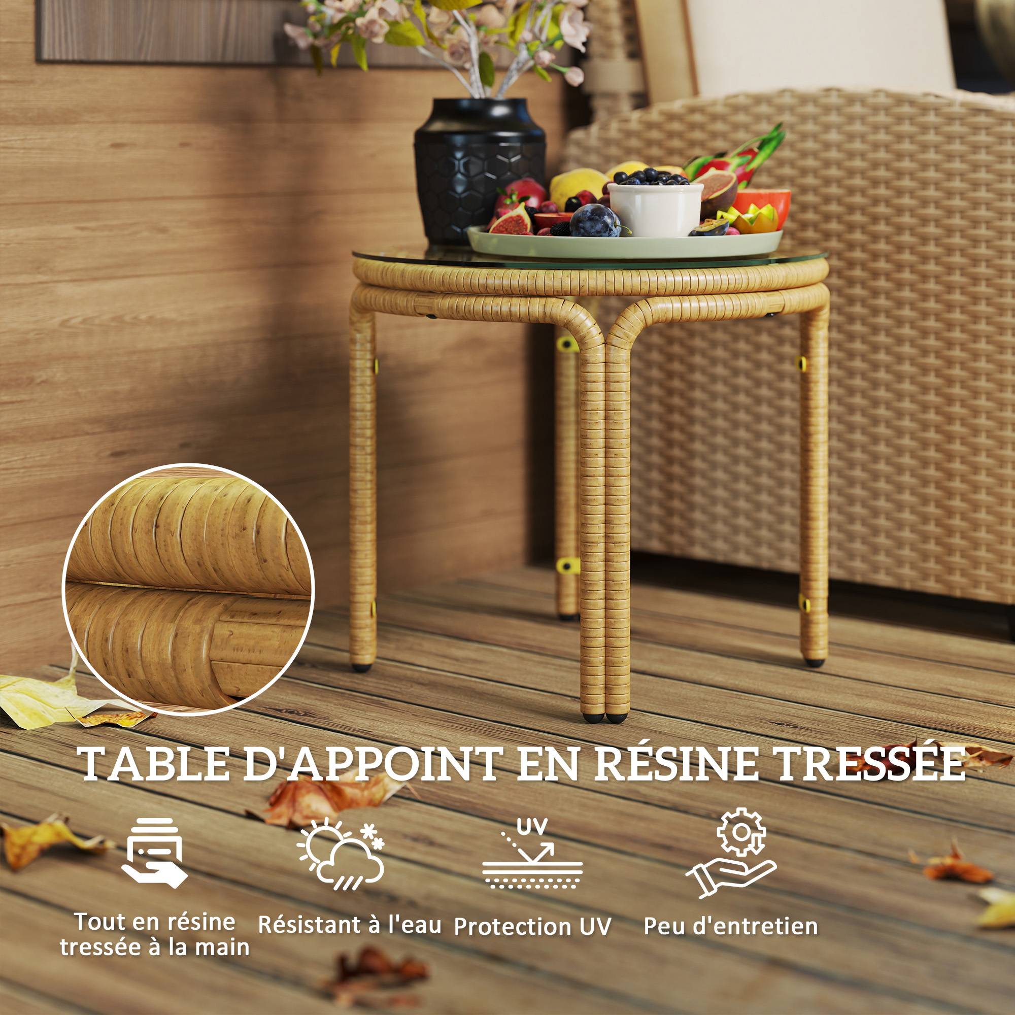 ComfortXL - Table basse d'appoint jardin résine tressée plateau verre Ø50x44 jaune - ComfortXL Outdoor Living - Image 6