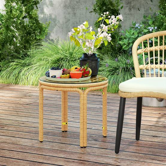 ComfortXL - Table basse d'appoint jardin résine tressée plateau verre Ø50x44 jaune - ComfortXL Outdoor Living - Image 10