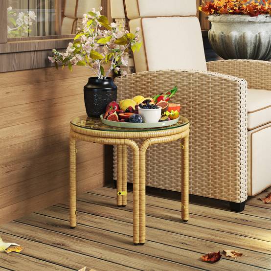 ComfortXL - Table basse d'appoint jardin résine tressée plateau verre Ø50x44 jaune - ComfortXL Outdoor Living - Image 9