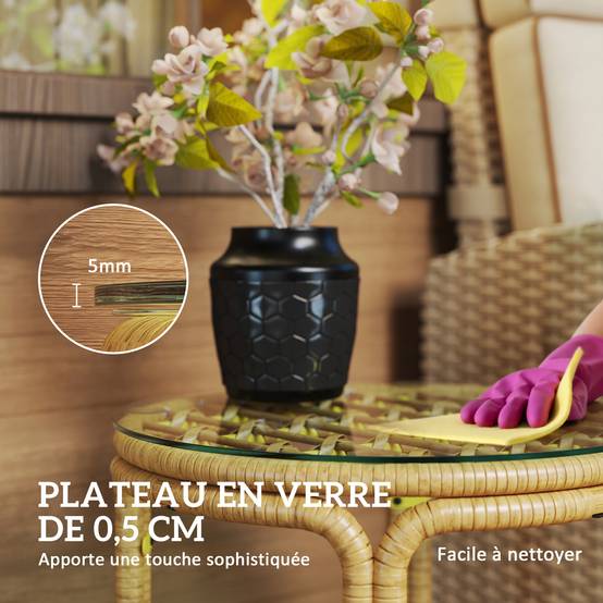 ComfortXL - Table basse d'appoint jardin résine tressée plateau verre Ø50x44 jaune - ComfortXL Outdoor Living - Image 8