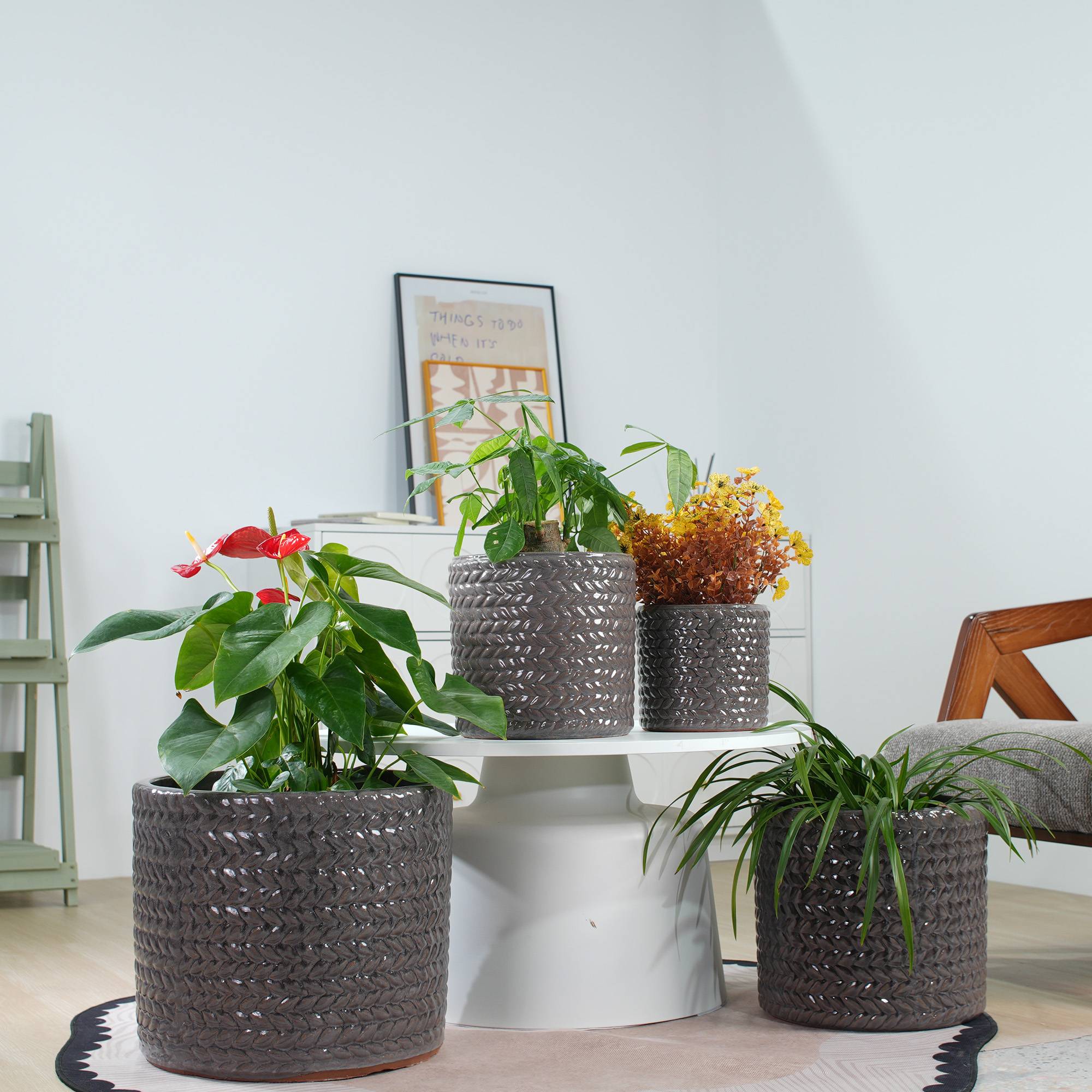 ComfortXL - Set 4 pots de fleurs céramique gris Ø37/31/24,5/17,5 cm intérieur extérieur drainage - ComfortXL Outdoor Living - Image 1