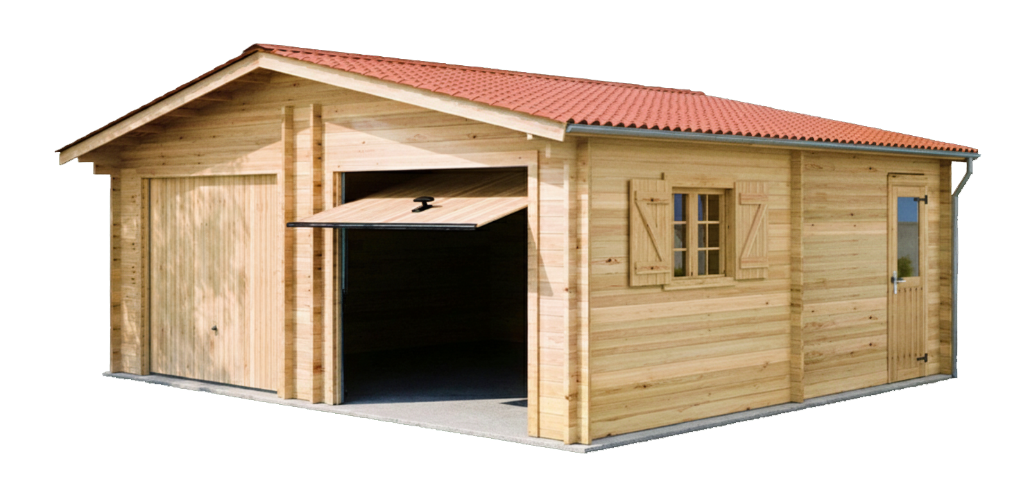 Habrita - Garage double Madriers bois massif double rainurage - 60 mm - 42,16 m2 - Porte de garage basculante métallique avec bardage bois - Image 3