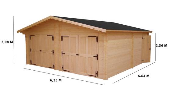 Habrita - Garage double Madriers bois massif double rainurage - 60 mm - 42,16 m2 - Porte de garage basculante métallique avec bardage bois - Image 4