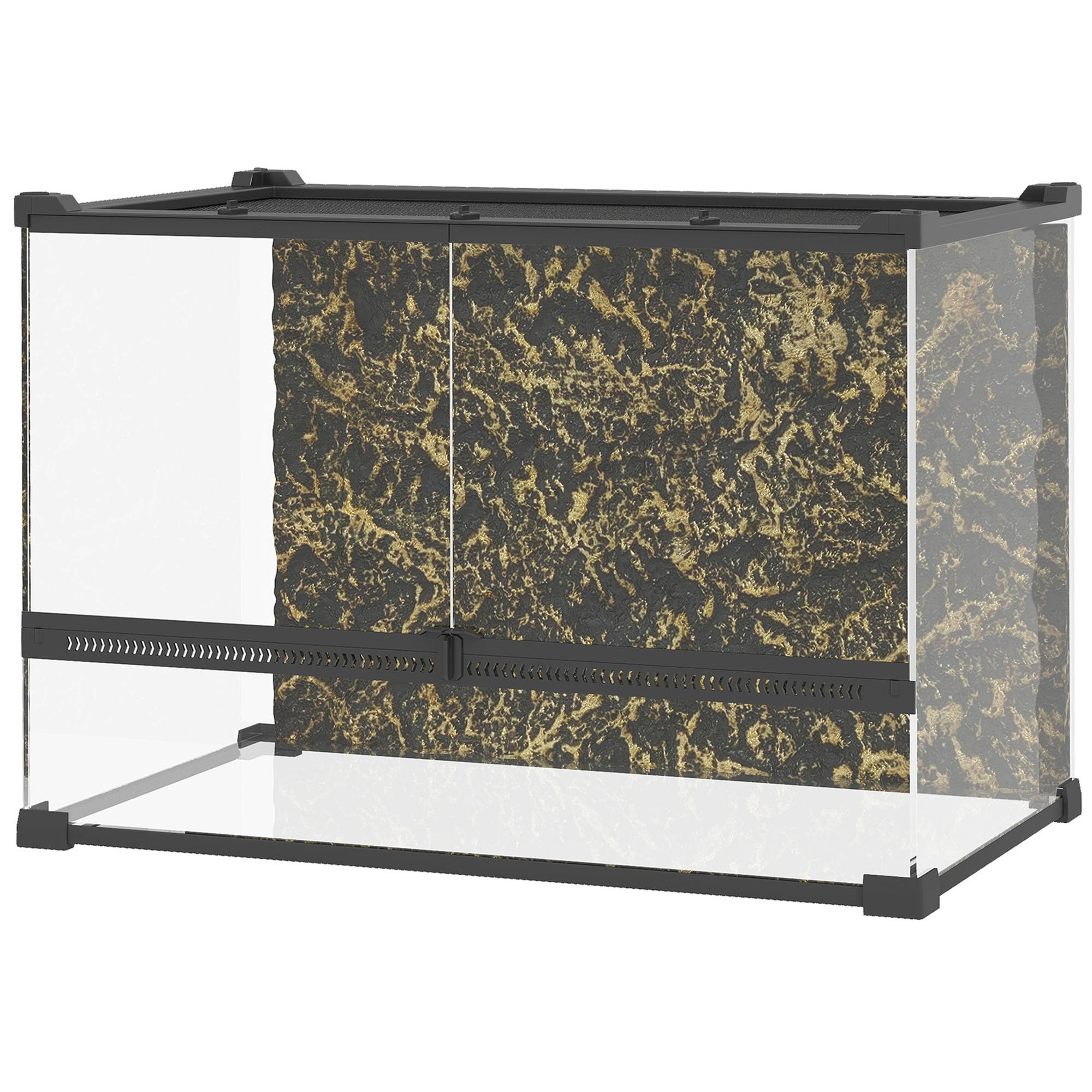 Terrarium pour reptiles en verre 48L, ventilation frontale, paroi arrière imitation pierre, fermeture rotative, 50×30×35cm noir - Image 2