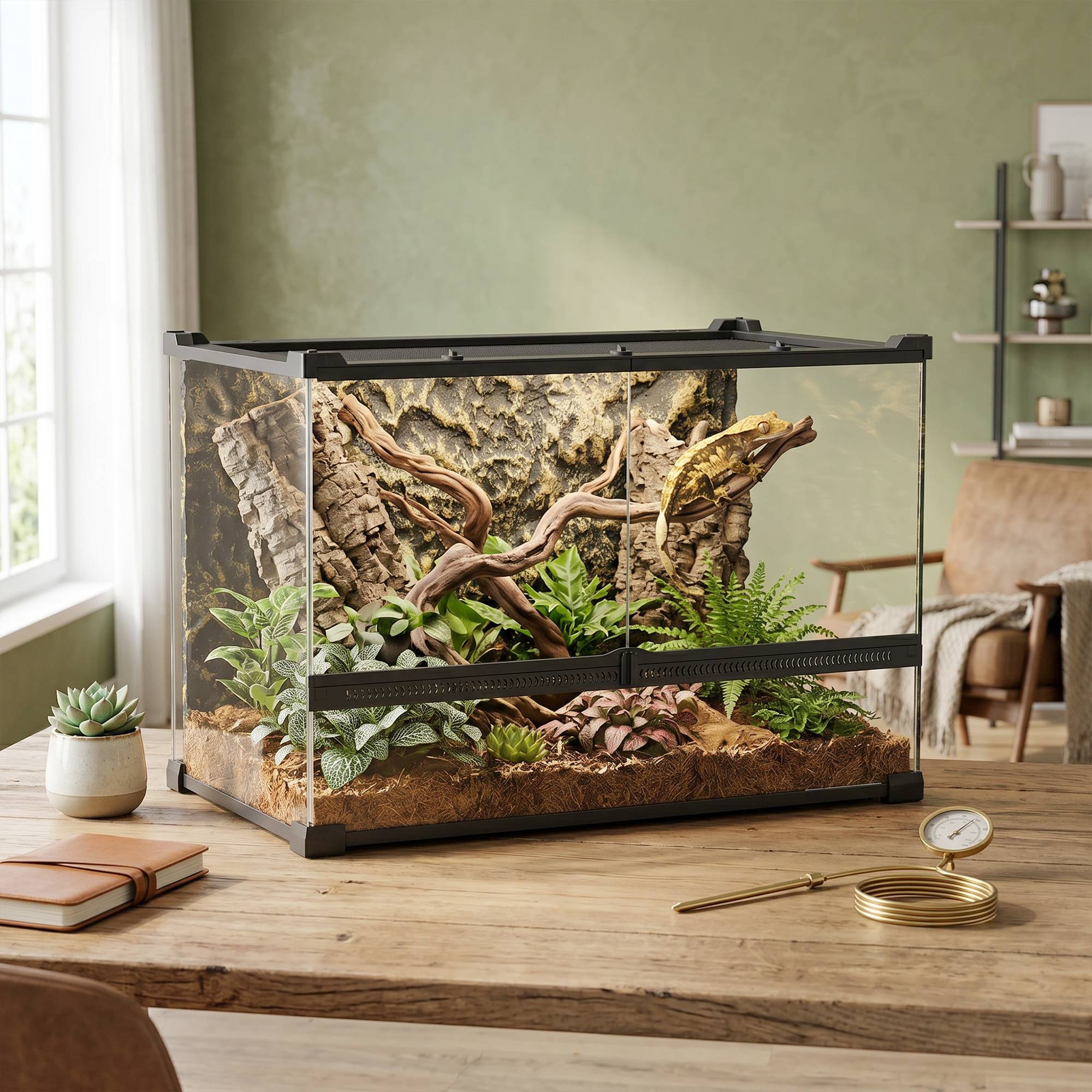 Terrarium pour reptiles en verre 48L, ventilation frontale, paroi arrière imitation pierre, fermeture rotative, 50×30×35cm noir - Image 4