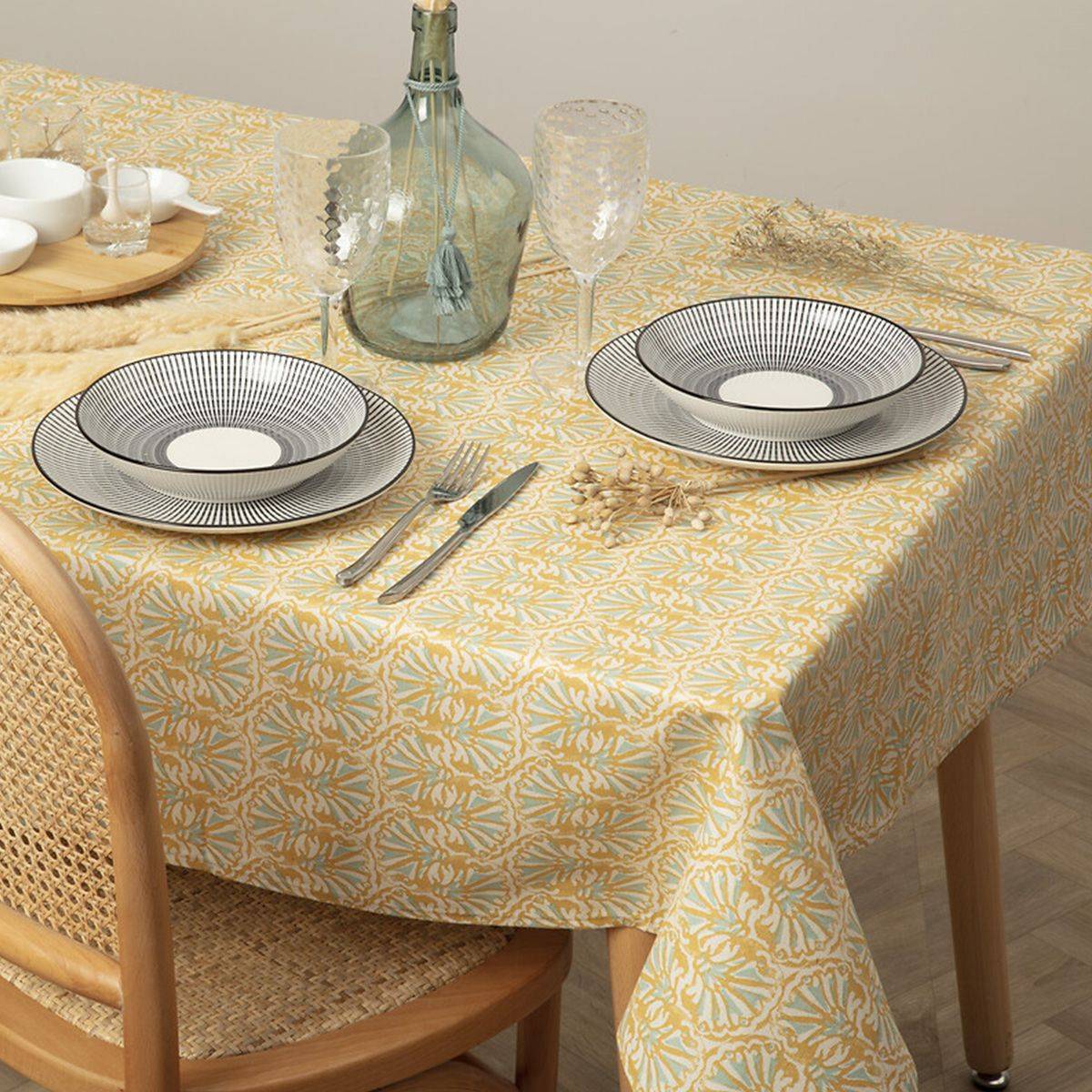 Nappe en polycoton Ocre Blanc et Vert céladon 150 x 250 cm - Image 3