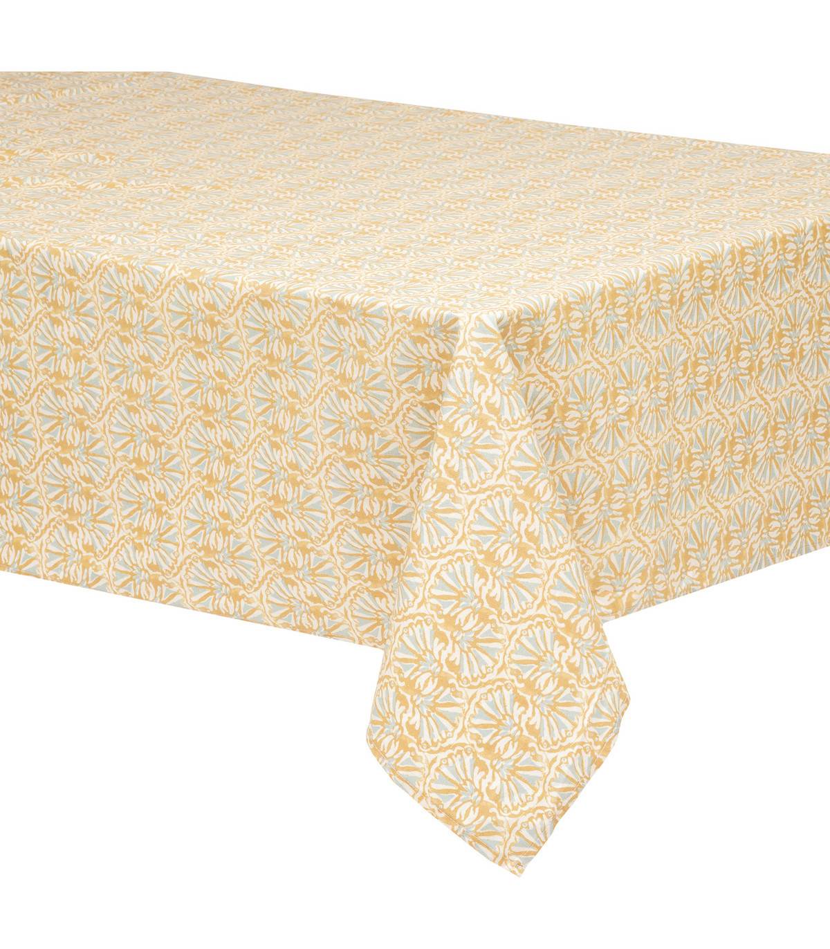 Nappe en polycoton Ocre Blanc et Vert céladon 150 x 250 cm - Image 1