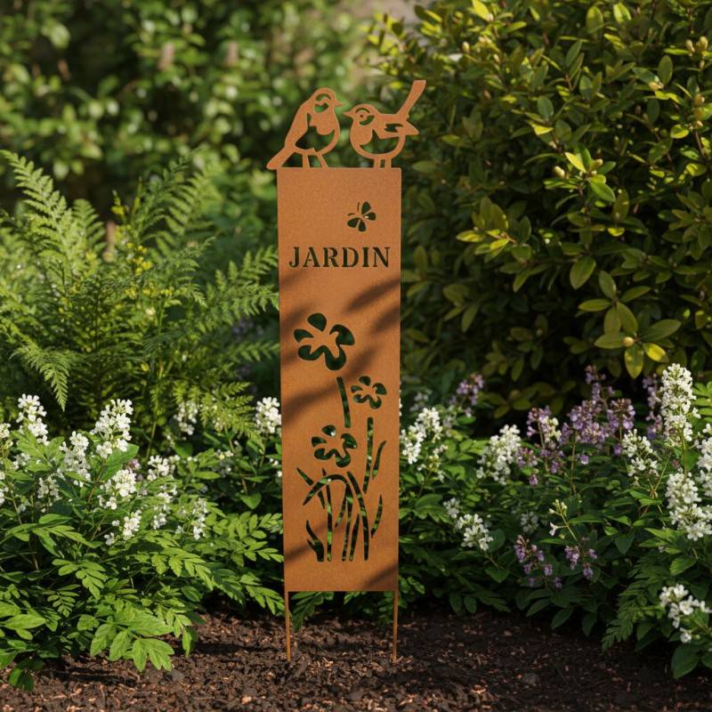 La Grande Prairie - Treillage Jardin Fleurs et Oiseaux en Fer effet Rouille 30x120cm - Image 1