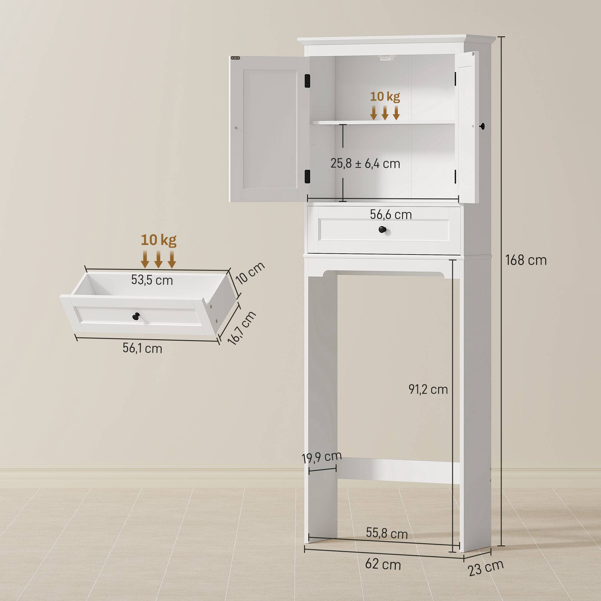 Sans Marque - Meuble WC Rangement Dessus Toilette Meuble Toilettes 2 Portes Tiroir Étagère Réglable Blanc - Image 5