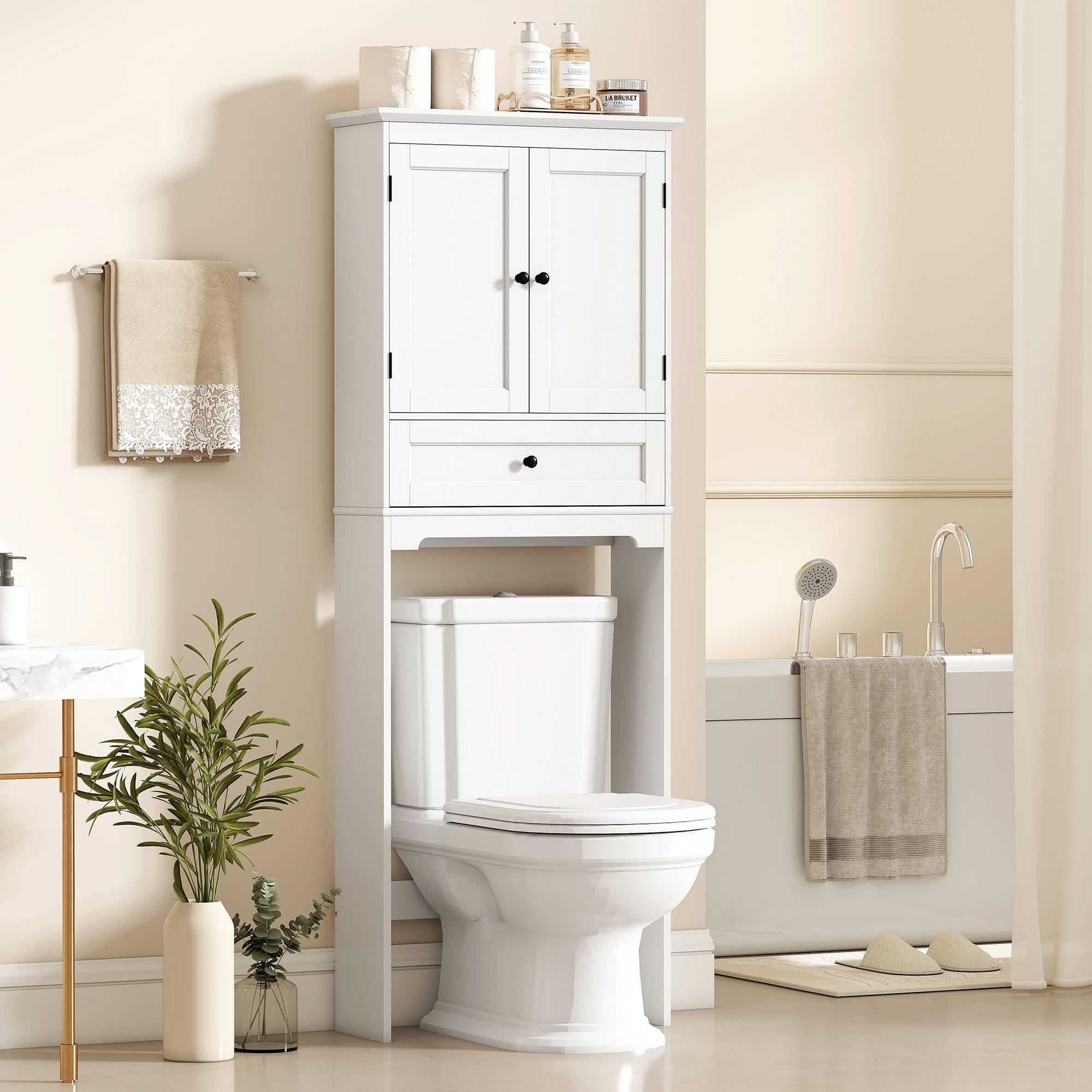 Sans Marque - Meuble WC Rangement Dessus Toilette Meuble Toilettes 2 Portes Tiroir Étagère Réglable Blanc - Image 4
