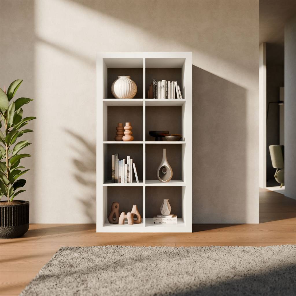 sweeek - Etagère bibliothèque 4 niveaux 8 compartiments. casiers. effet bois blanc. L 76 x P 39 x H 146cm | sweeek - Image 1