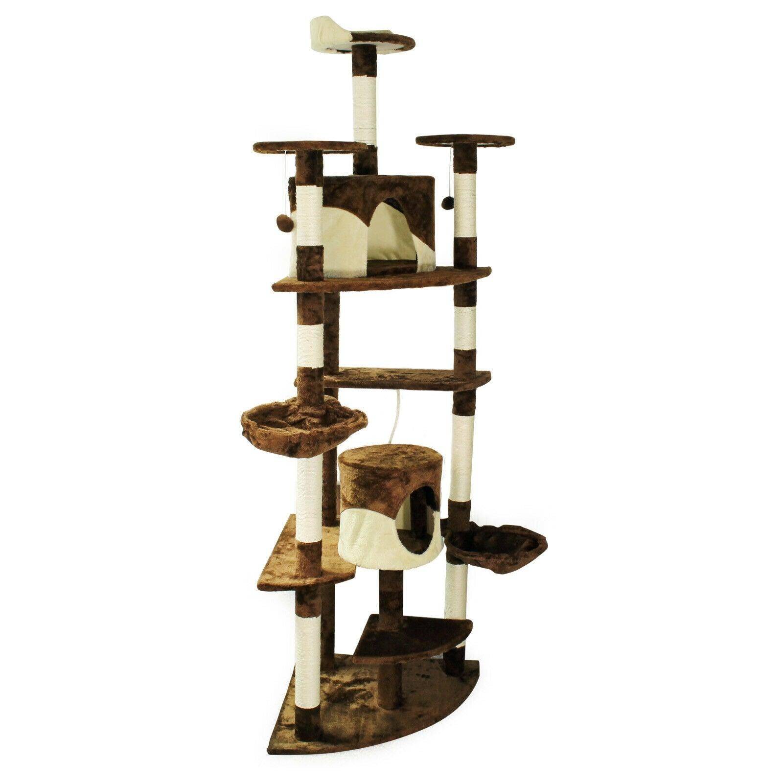 Arbre à chat d‘angle plateforme d‘observation jeux griffoir sisal beige et blanc - Image 1