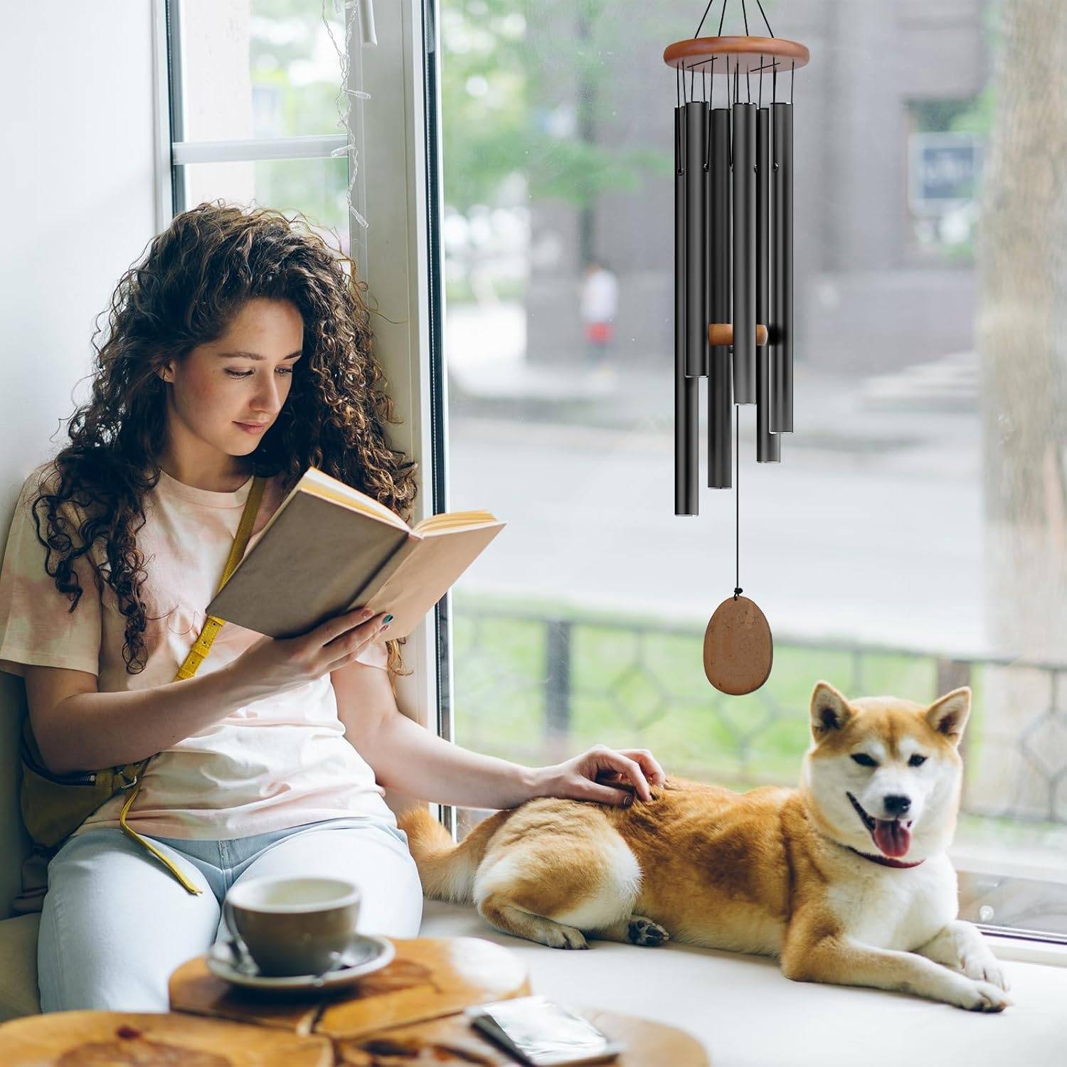 Carillon éolien 81 Cm Carillon éolien Profond 81,3 Cm – 6 Tubes En Aluminium Anodisé, Disque Bois D'hévéa – Déco Extérieure, Son Mélodieux – Idéal Cadeau (Fête Des Mères, Deuil, Etc