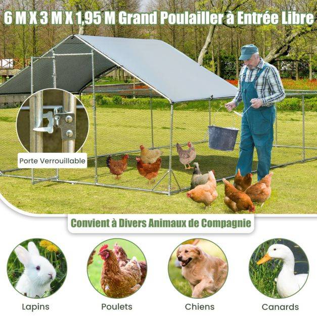 Helloshop26 - Enclos poulailler 18 m² en acier galvanisé avec porte et toit en tissu oxford 6 x 3 x 1,95 m pour lapin poulet et canard - Image 4