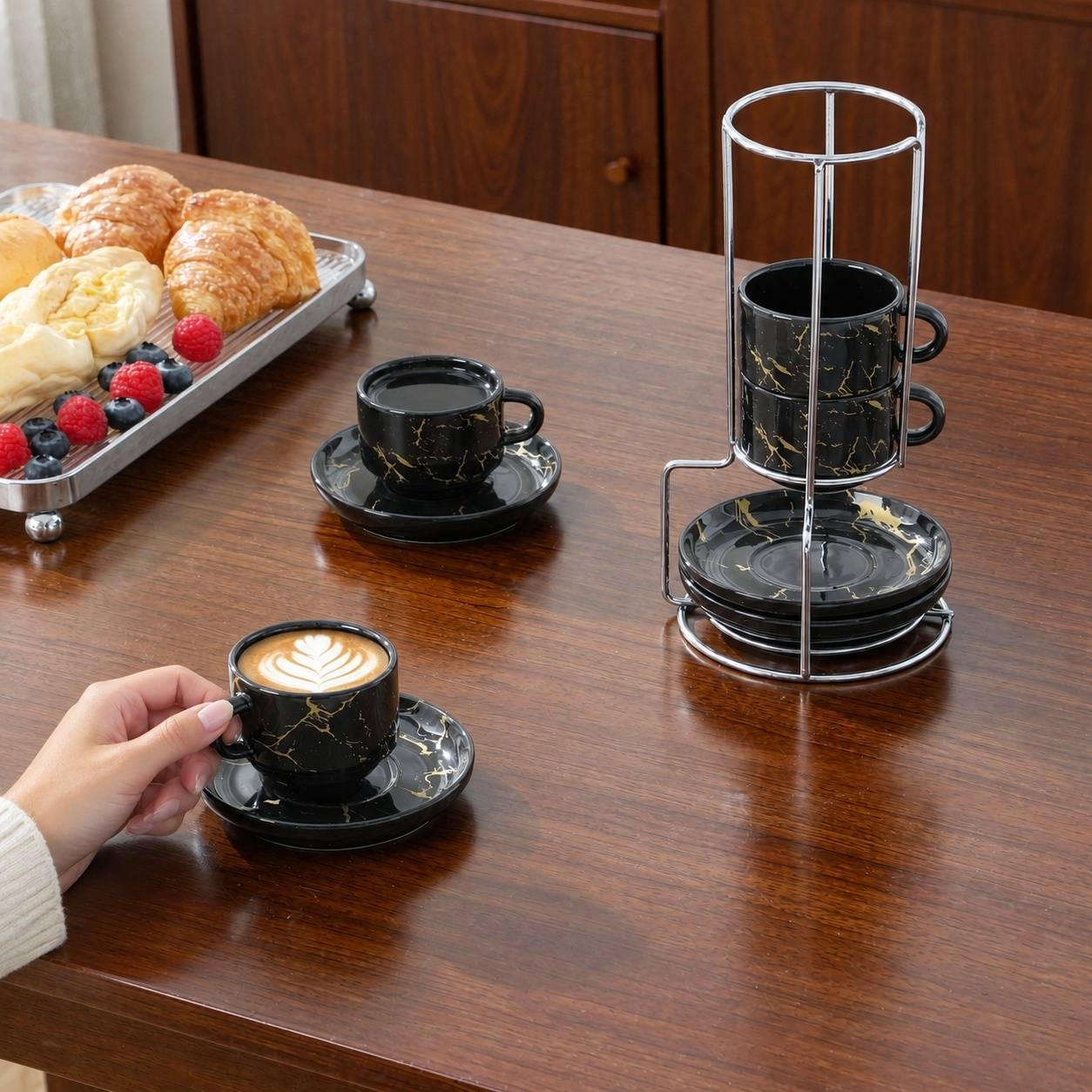 Tasses à Expresso Porcelaine Épaisses avec Soucoupes et Support Ensemble de 4 - Image 3