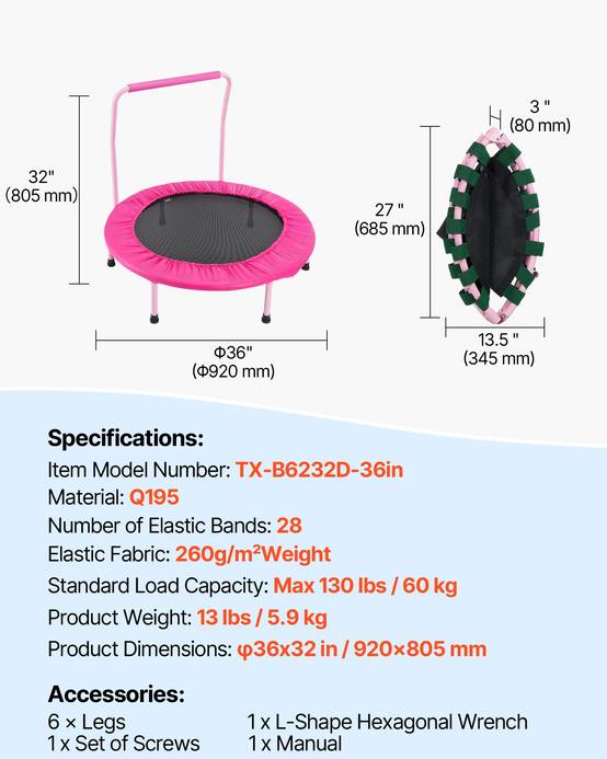 VEVOR Mini trampoline enfant pliable, 955x750 mm, poignée. Pour 3 ans+, garçons, filles, rose. - Image 7