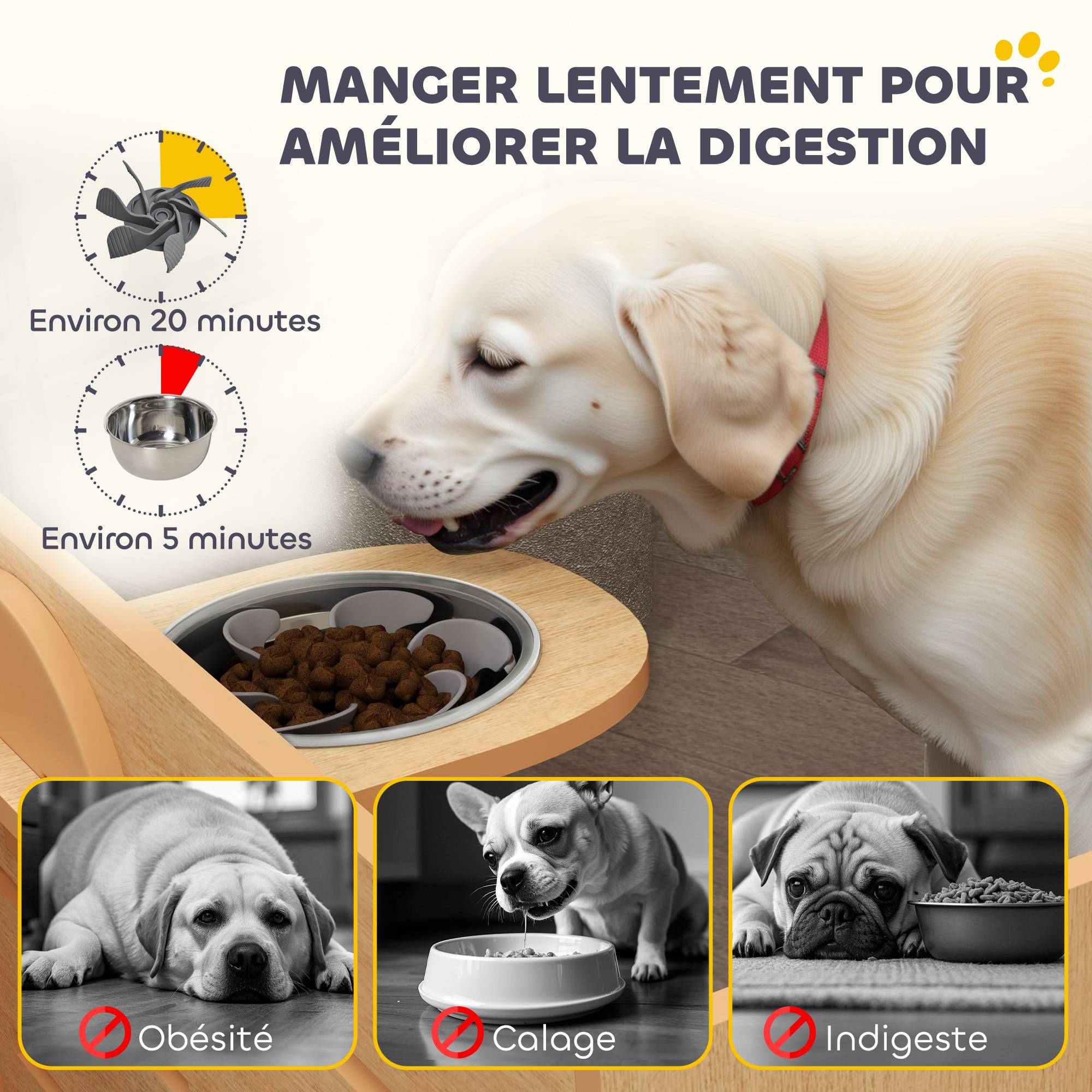 Gamelle chien surélevée de 3 hauteurs ajustables gamelle pour chien 2 bols acier inoxydable 63 x 58,5 x 40 cm chêne - Image 8