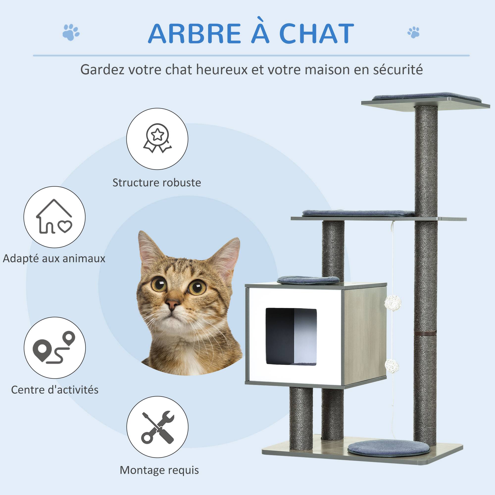 Pawhut - Arbre à chat design contemporain griffoirs grattoirs sisal naturel niche plate-formes jeu boules suspendues 71L x 49l x 120H cm MDF hêtre gris - Image 4