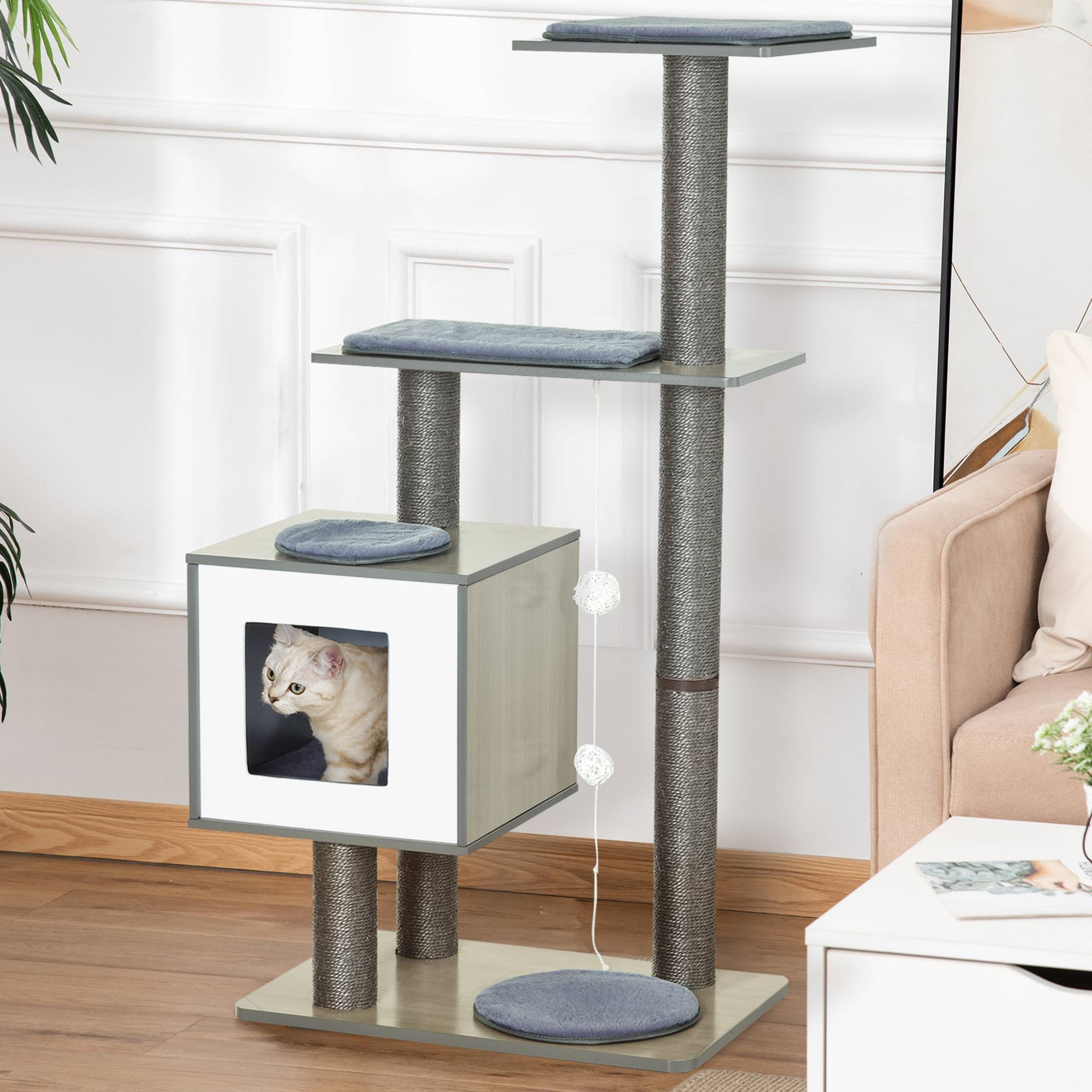 Pawhut - Arbre à chat design contemporain griffoirs grattoirs sisal naturel niche plate-formes jeu boules suspendues 71L x 49l x 120H cm MDF hêtre gris - Image 2