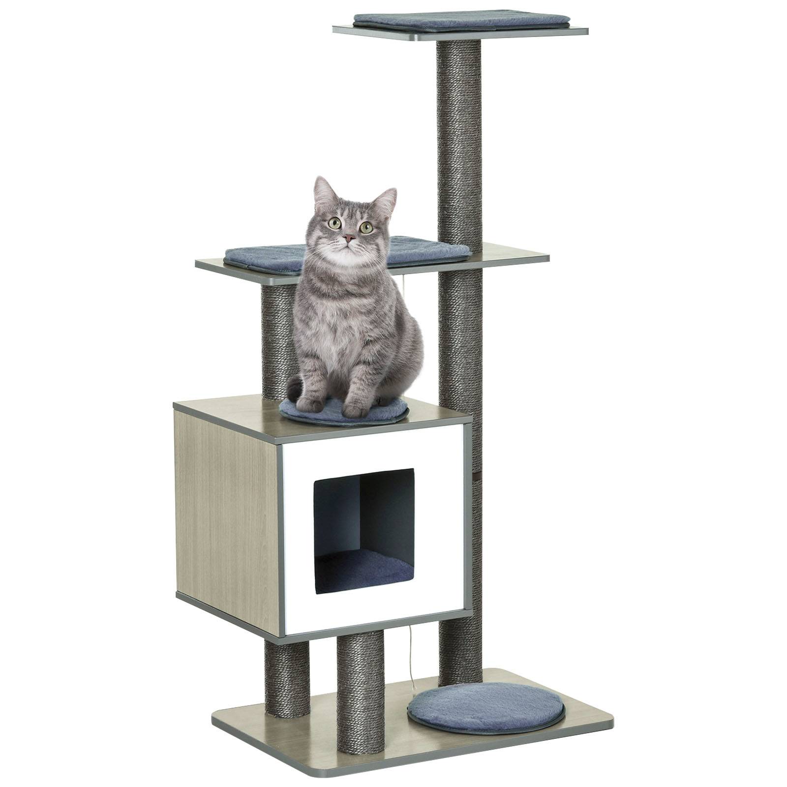 Pawhut - Arbre à chat design contemporain griffoirs grattoirs sisal naturel niche plate-formes jeu boules suspendues 71L x 49l x 120H cm MDF hêtre gris - Image 1