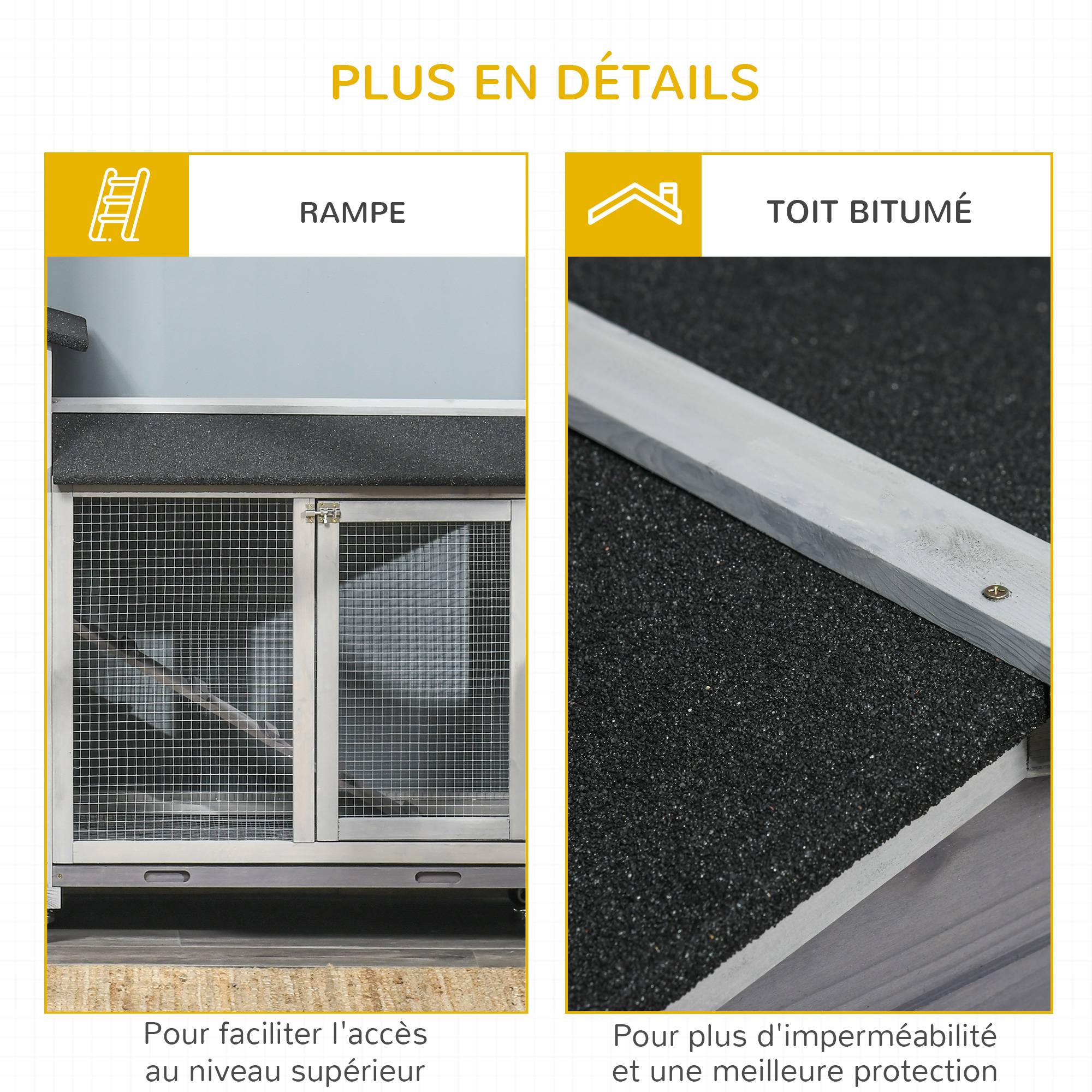 Clapier bois pour lapins petit enclos animaux villa pour lapin sur roulettes 2 étages 3 plateaux coulissants 157,4 x 53 x 99,5 cm gris - Image 8