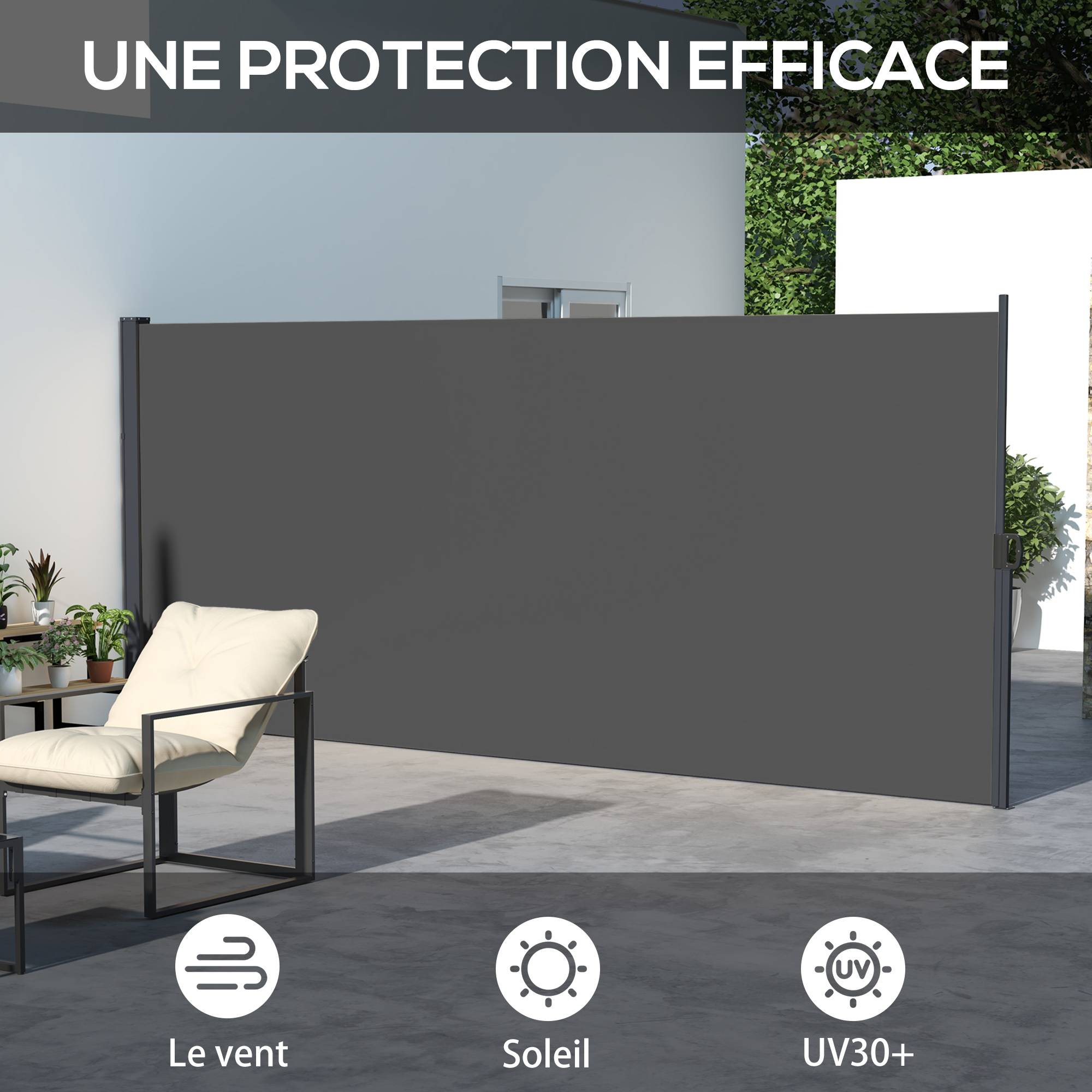 Store latéral rétractable polyester et aluminium gris foncé 400 x 4 x 180 cm - PANGIVO - Image 6