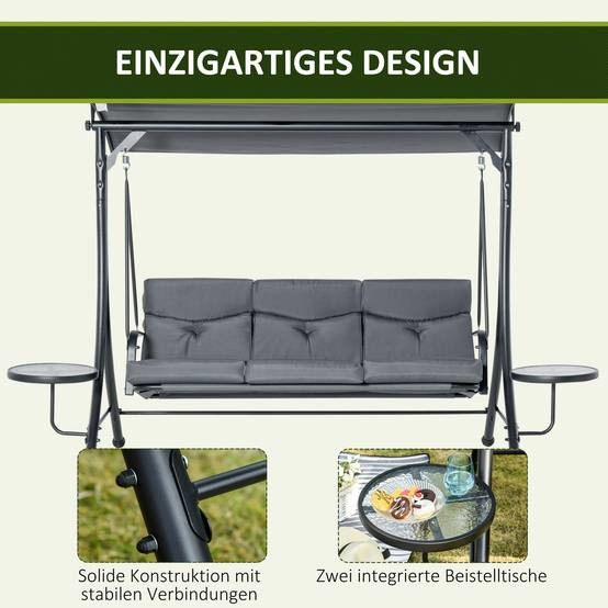 Balancelle de jardin 3 places Acier pour terrasse Toit réglable et tablettes 271x125x172 Gris - ComfortXL Outdoor Living - Image 7