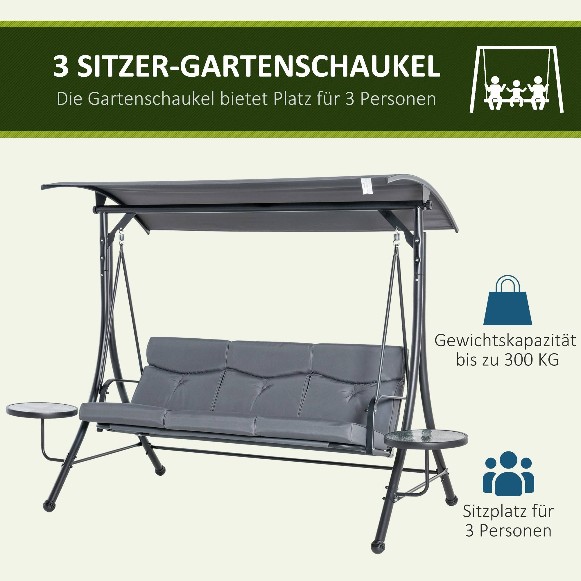 Balancelle de jardin 3 places Acier pour terrasse Toit réglable et tablettes 271x125x172 Gris - ComfortXL Outdoor Living - Image 9