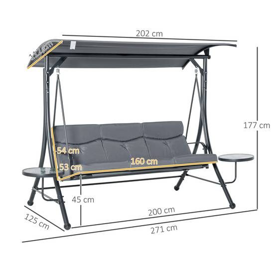 Balancelle de jardin 3 places Acier pour terrasse Toit réglable et tablettes 271x125x172 Gris - ComfortXL Outdoor Living - Image 5