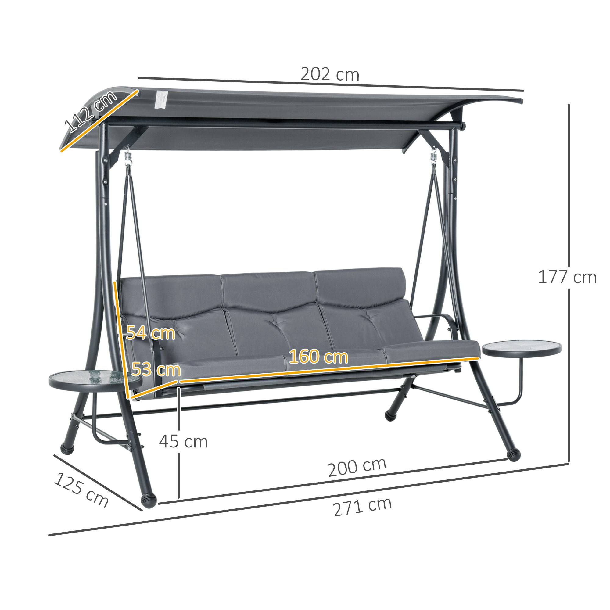 Balancelle de jardin 3 places Acier pour terrasse Toit réglable et tablettes 271x125x172 Gris - ComfortXL Outdoor Living - Image 5