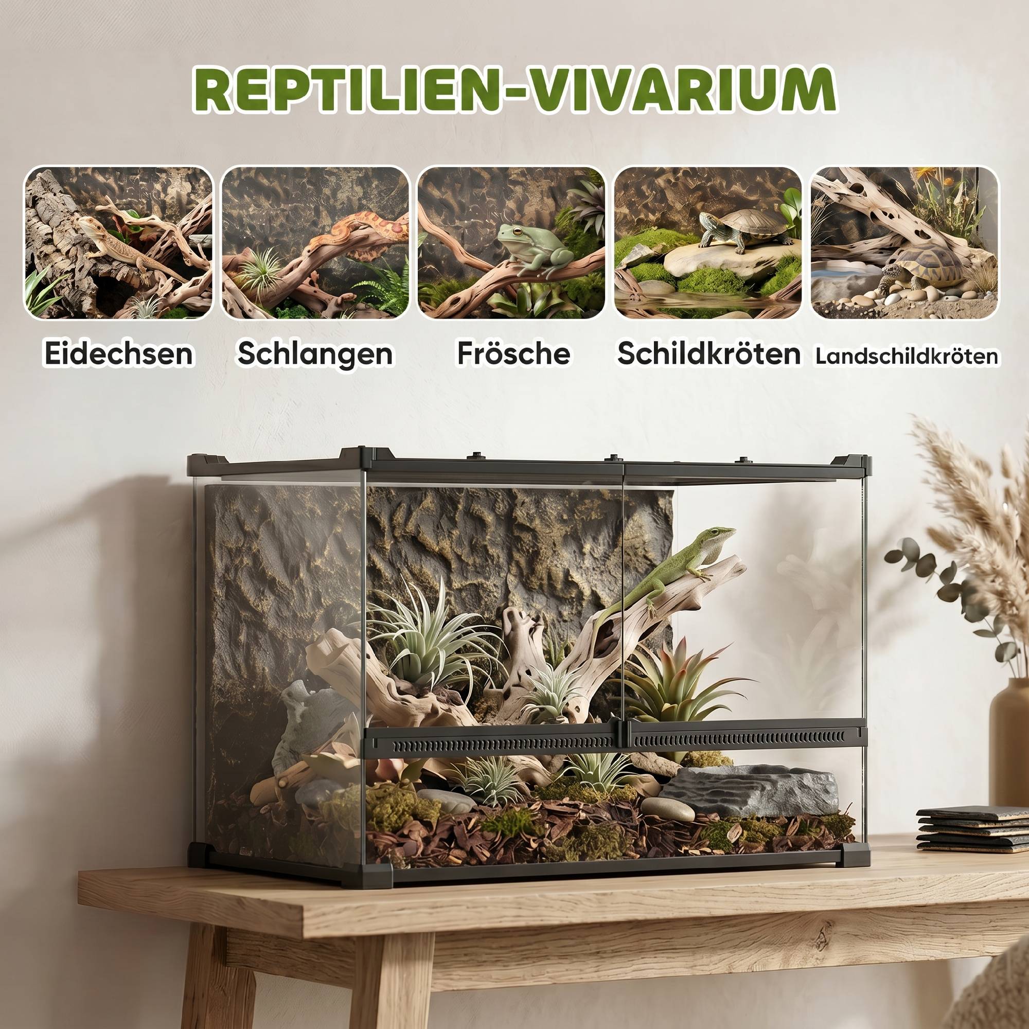 Terrarium verre reptile 48L noir 50×30×35cm, ventilation frontale, fond imitation pierre, fermeture rotative - Image 6
