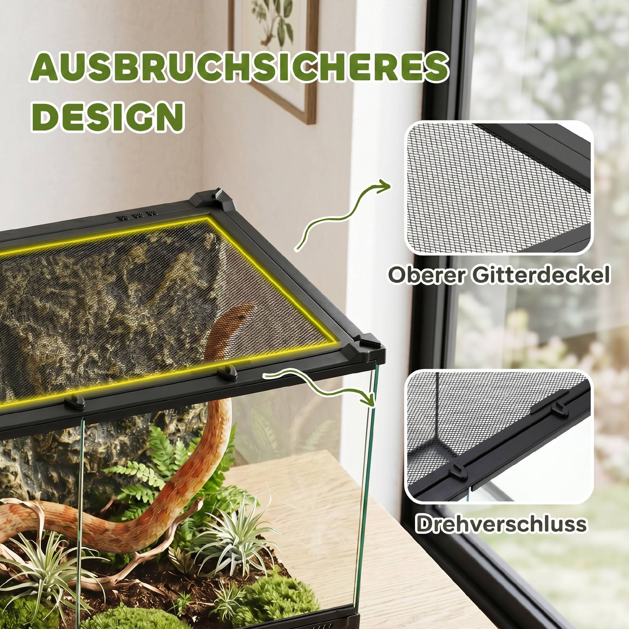 Terrarium verre reptile 48L noir 50×30×35cm, ventilation frontale, fond imitation pierre, fermeture rotative - Image 8