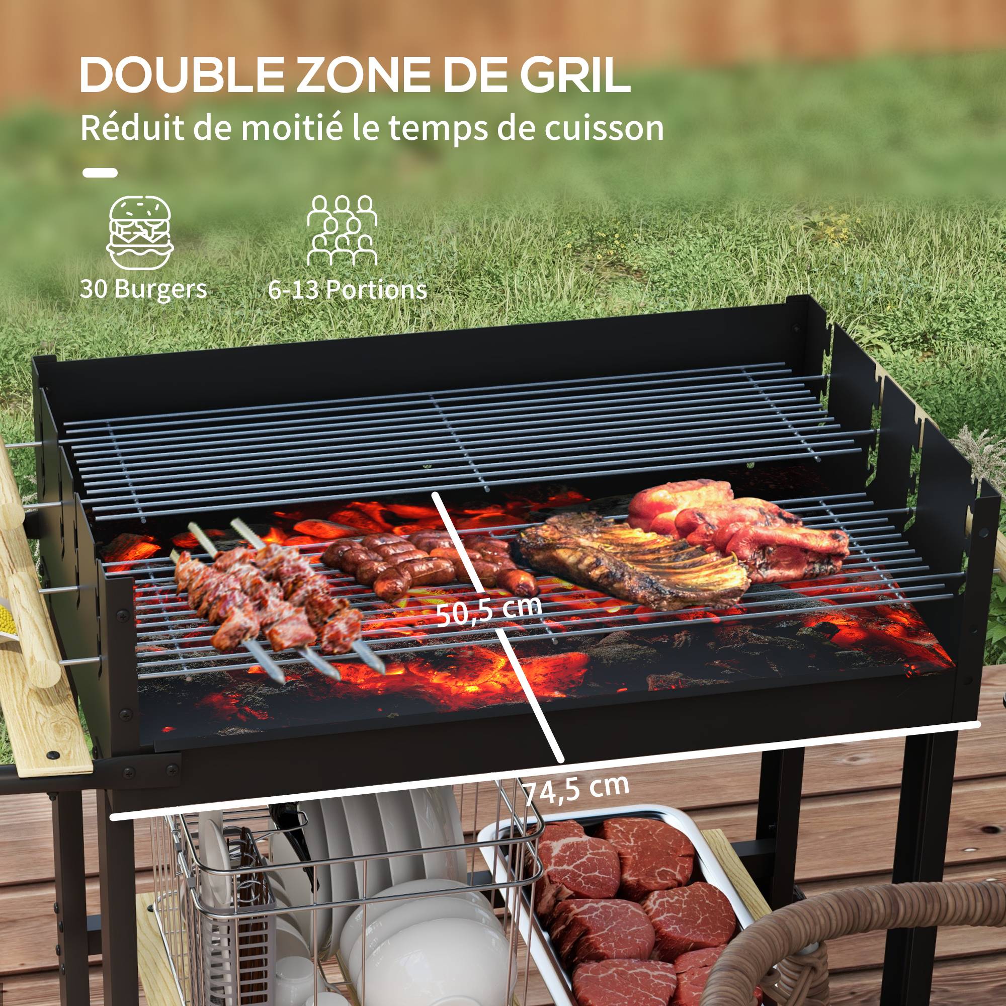 Barbecue à charbon double gril métal jardin cuisson réglable grande capacité noir 113 cm - ComfortXL Outdoor Living - Image 6