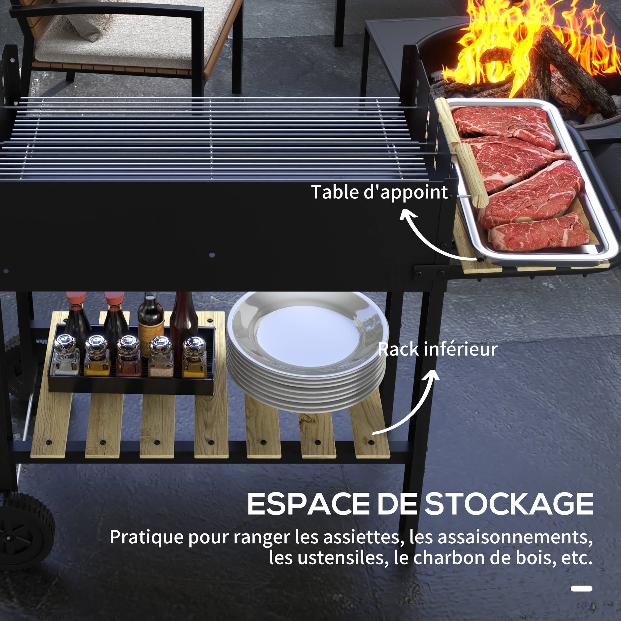 Barbecue à charbon double gril métal jardin cuisson réglable grande capacité noir 113 cm - ComfortXL Outdoor Living - Image 8