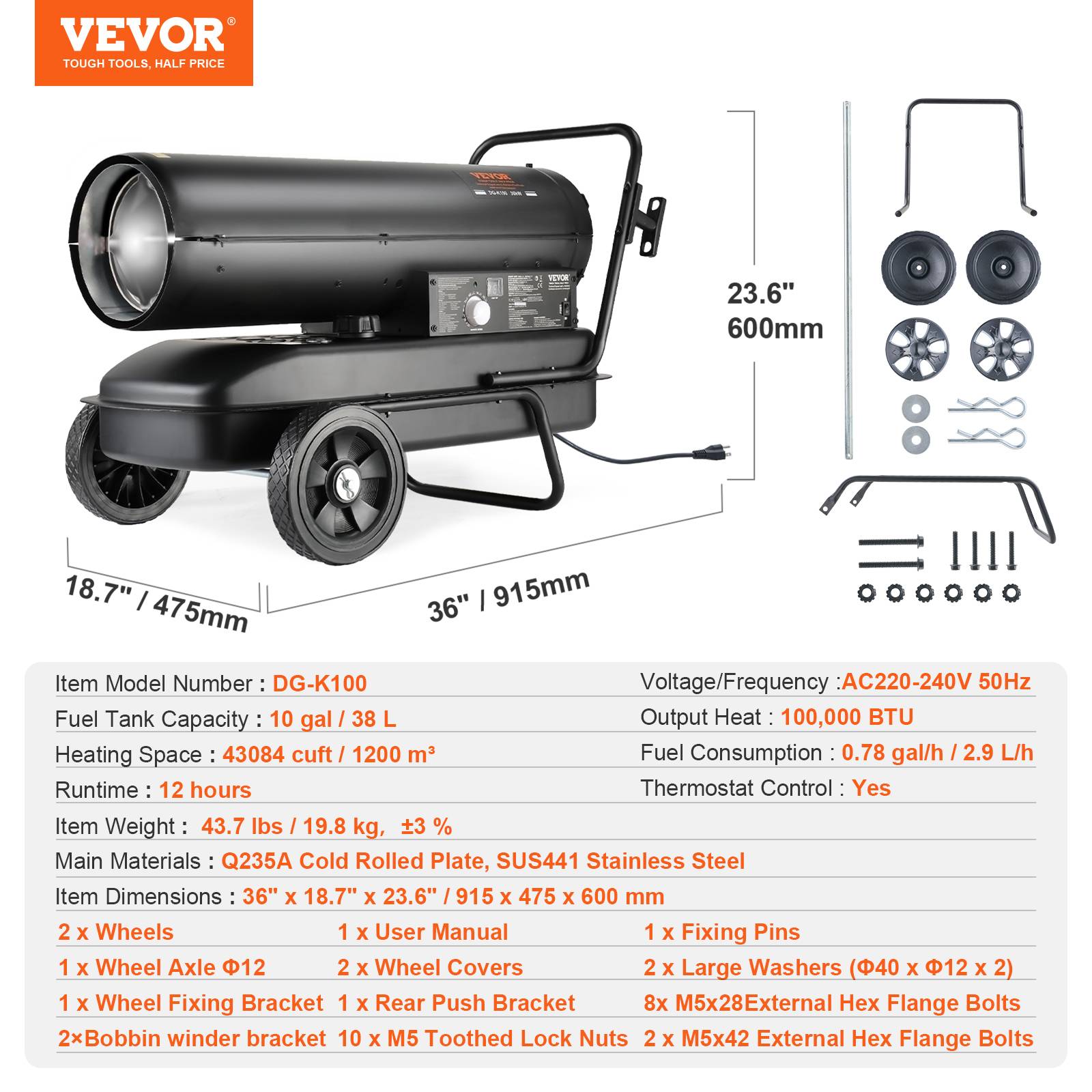 Vevor - VEVOR Chauffage air pulse kérosène diesel, 100000 BTU, 38 L, noir. - Image 7