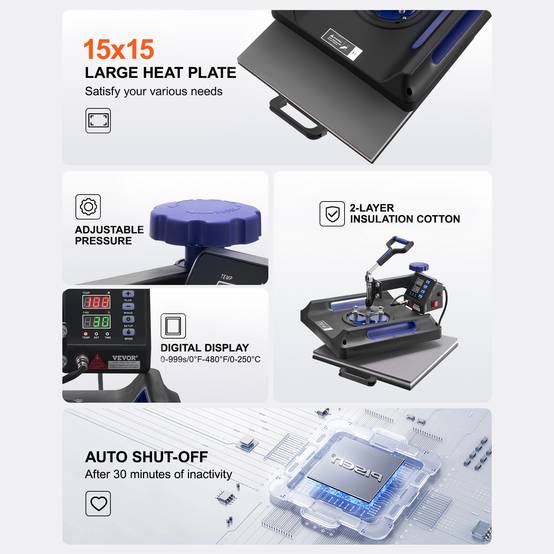 VEVOR Presse à chaud 5-en-1, plaque 38x38 cm, machine sublimation avec presse tasses, pivotant 360°. - Image 6