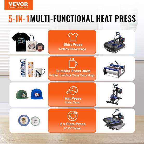 VEVOR Presse à chaud 5-en-1, plaque 38x38 cm, machine sublimation avec presse tasses, pivotant 360°. - Image 2