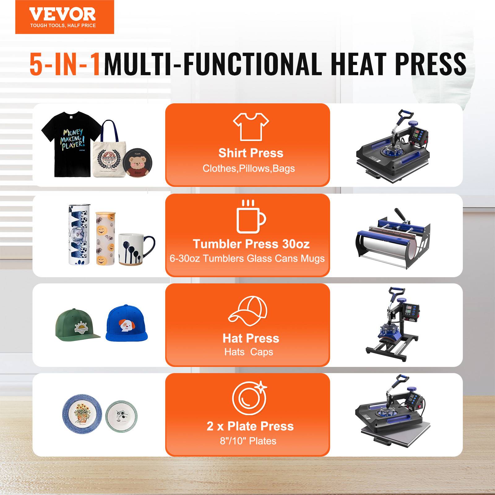 VEVOR Presse à chaud 5-en-1, plaque 38x38 cm, machine sublimation avec presse tasses, pivotant 360°. - Image 2