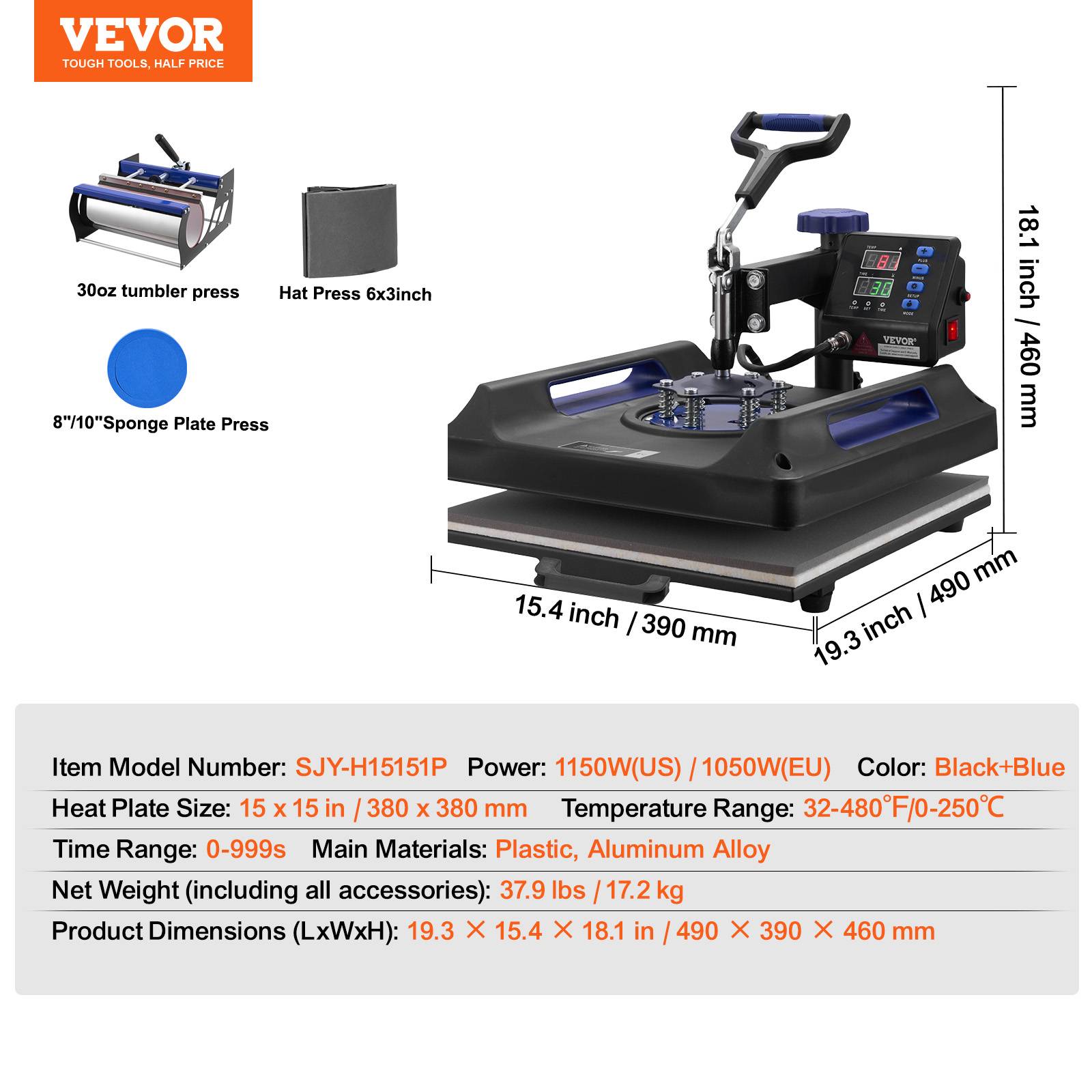 VEVOR Presse à chaud 5-en-1, plaque 38x38 cm, machine sublimation avec presse tasses, pivotant 360°. - Image 7