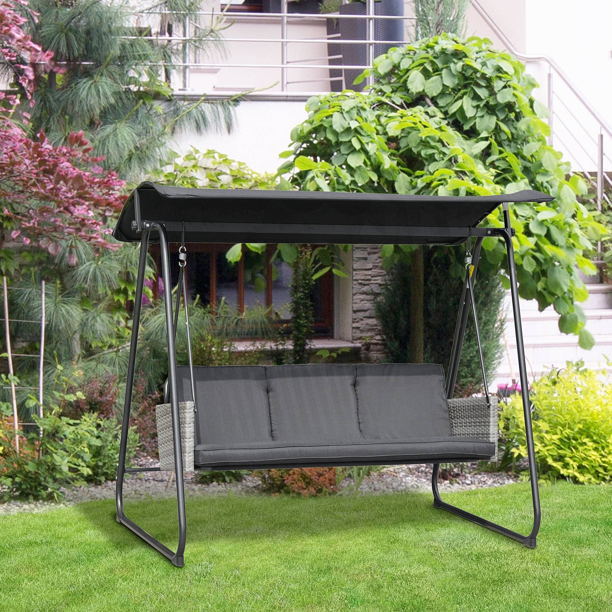 Outsunny - Balancelle de jardin 3 places auvent inclinaison réglable coussins assise et dossier résine tressée grise acier époxy polyester noir - Outsunny - Image 2
