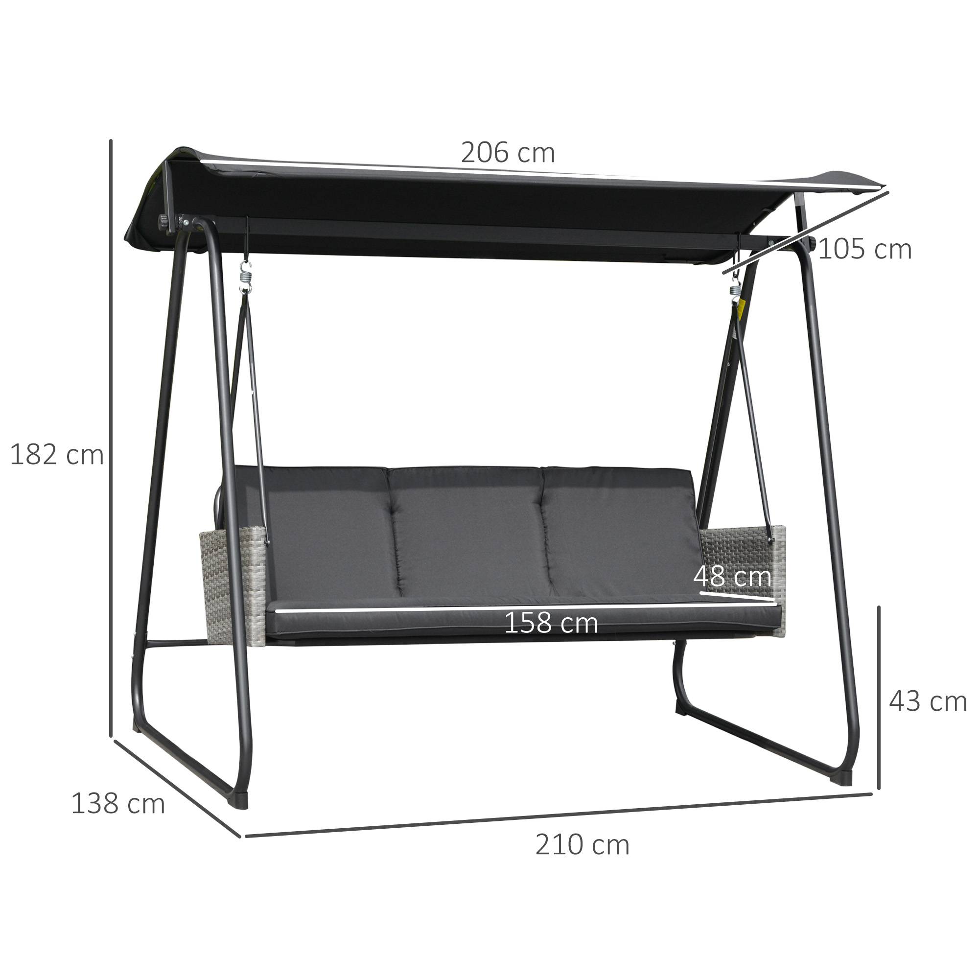 Outsunny - Balancelle de jardin 3 places auvent inclinaison réglable coussins assise et dossier résine tressée grise acier époxy polyester noir - Outsunny - Image 3