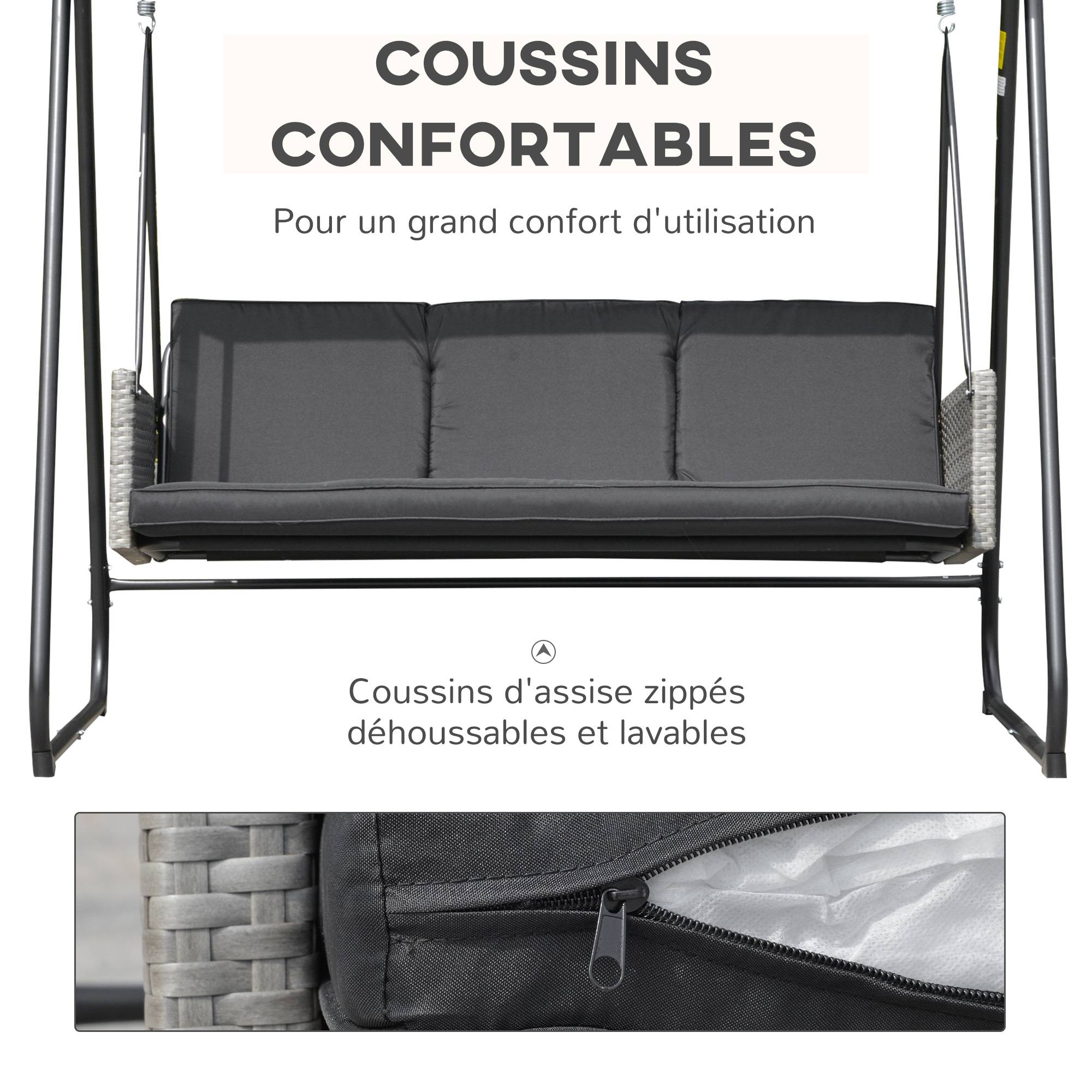Outsunny - Balancelle de jardin 3 places auvent inclinaison réglable coussins assise et dossier résine tressée grise acier époxy polyester noir - Outsunny - Image 6