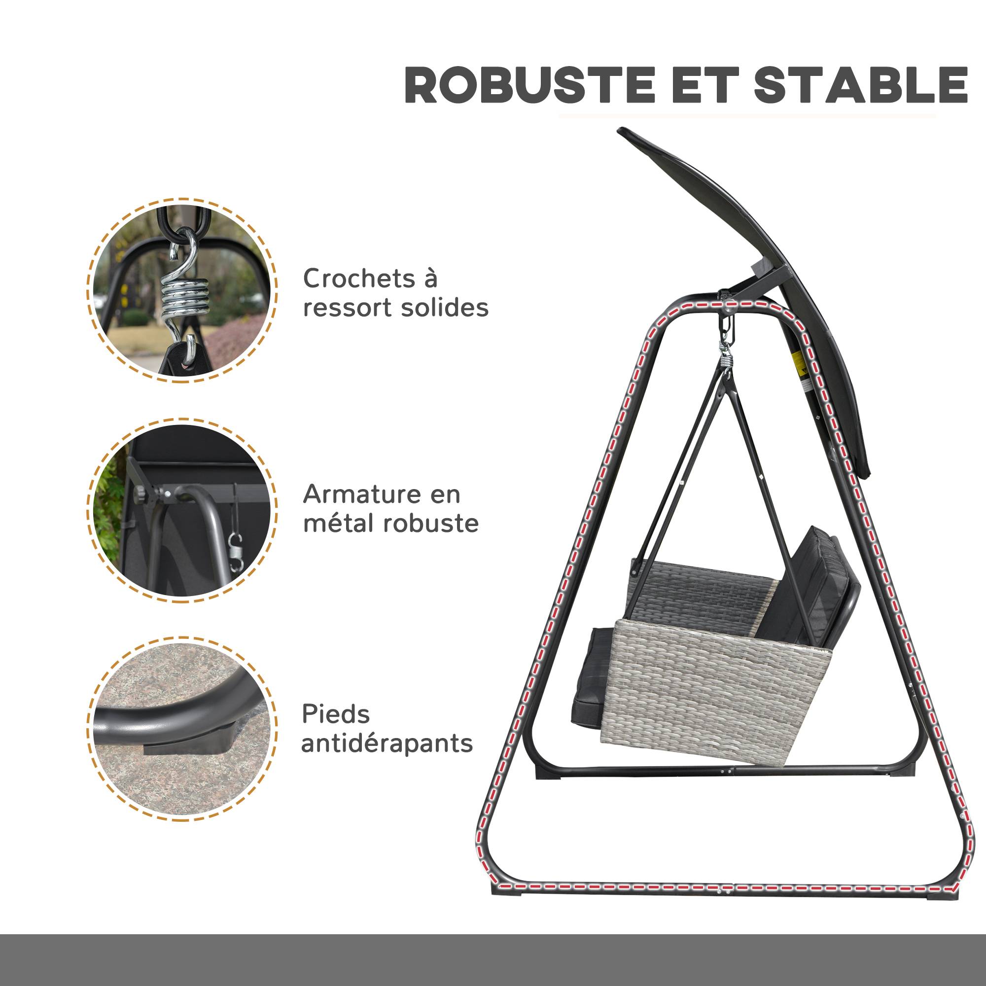 Outsunny - Balancelle de jardin 3 places auvent inclinaison réglable coussins assise et dossier résine tressée grise acier époxy polyester noir - Outsunny - Image 7