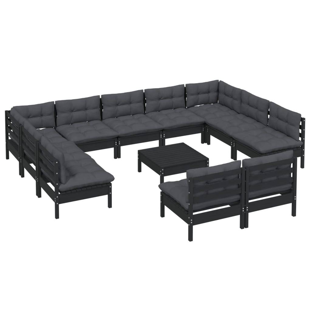 Helloshop26 - Salon de jardin meuble d'extérieur ensemble de mobilier 12 pièces avec coussins noir bois de pin massif - Image 1