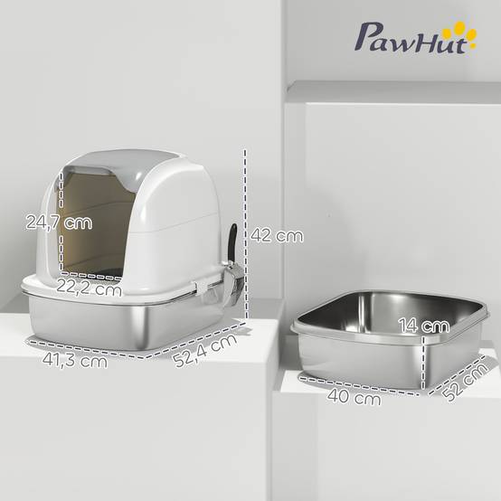 ComfortXL - Maison de Toilette XL Acier Inoxydable Fermée pour Chat avec Couvercle Abattant et Pelle Blanc - ComfortXL Outdoor Living - Image 5